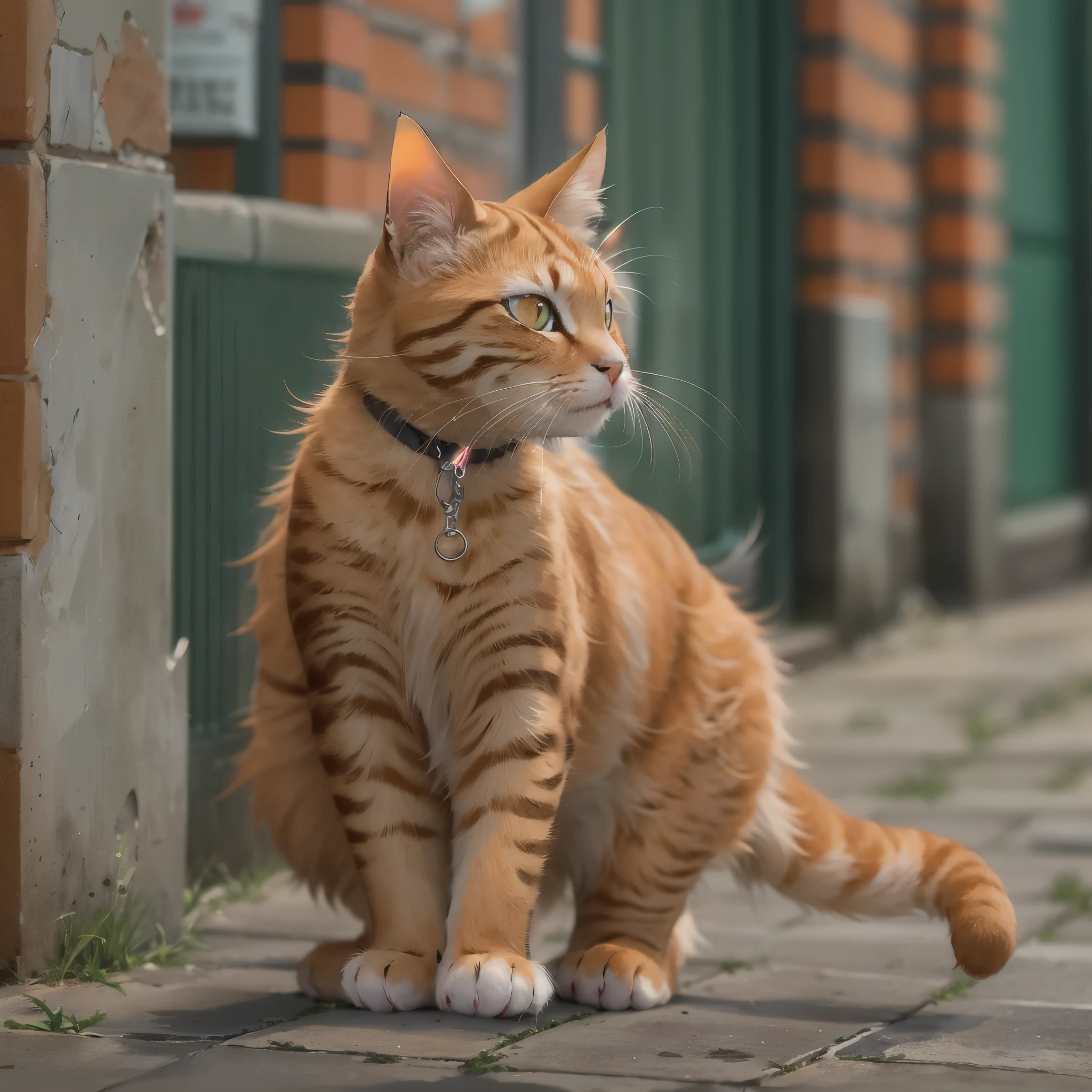 perfect anatomy, masterpiece:1.2, best quality, 8k, beautiful detailed grow, daydreaming expression:1.4, Precise and unmatched illustrations:1.3, break, there is a cat that is standing on a leash outside, the cat is walking, taken with sony alpha 9, ginger cat, orange cat, an orange cat, garfield the cat, ginger cat in mid action, beast, , proudly walking down the street, (((rusty))), taken with canon 8 0 d.