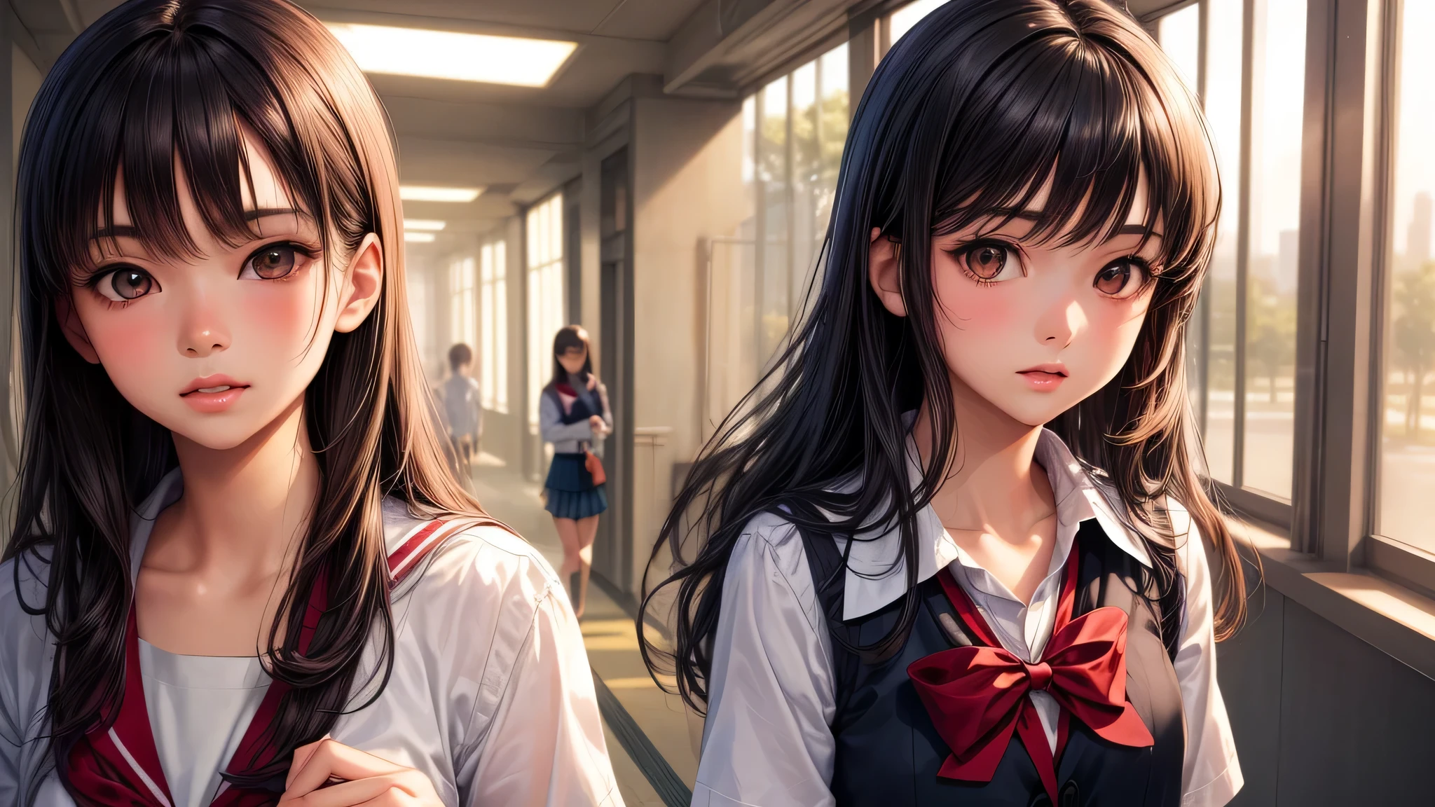 (1girl), brown eyes, air bangs, (highly detailed eyes, highly detailed face), (hyper-realistic, hight resolution), (best Quality:1.4), (high school uniform, pleated mini skirt:1.2), model, Enchanting, Japanese school, Japanese school hallway, The setting sun shining through the school hallway, anime,