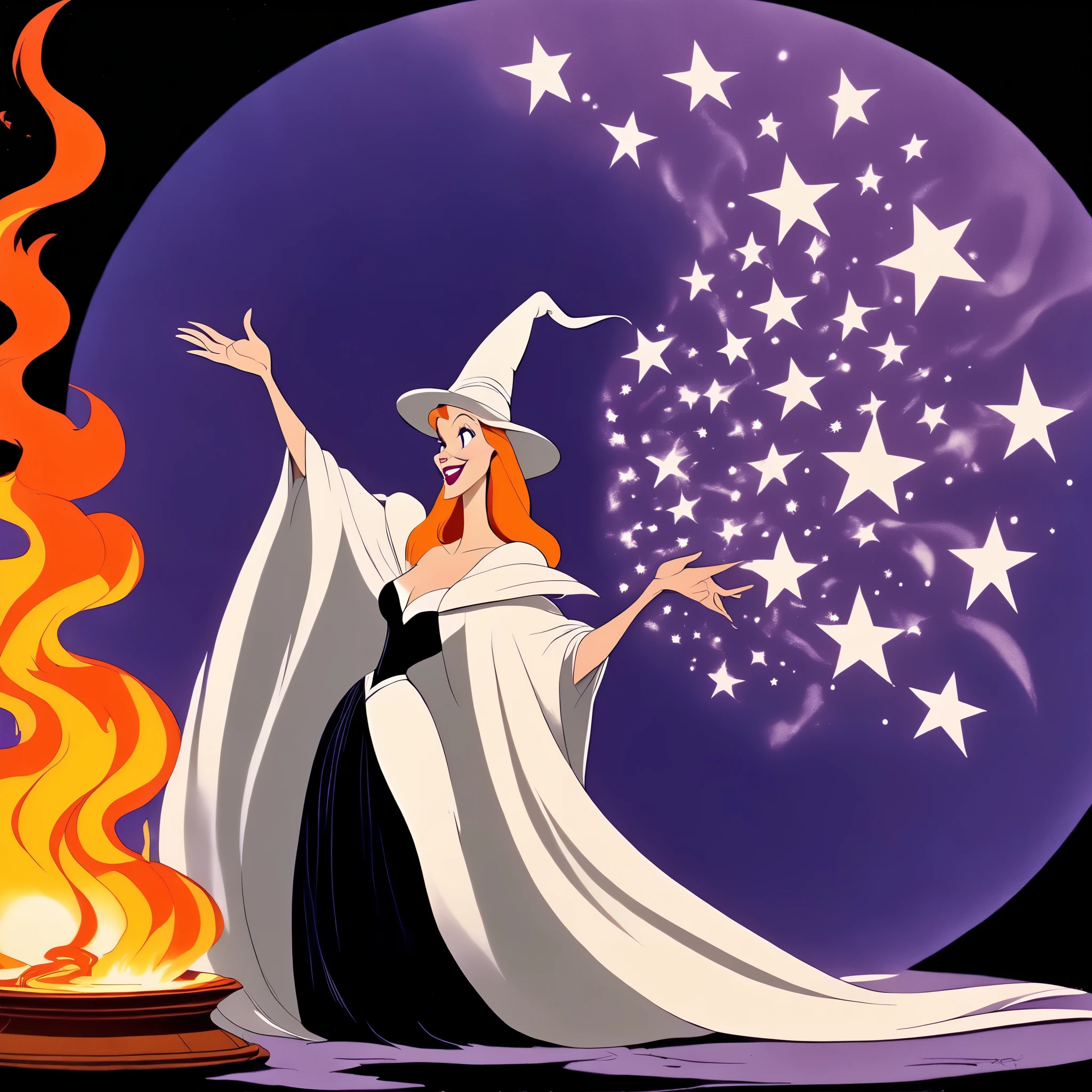 Disney vintage Fantasia animated cel rotoscope realism, optical illusion, double exposure, vintage cinematic poster, Sorcerer's Apprentice, wearing robe and wizard hat, conjuring a unruly magical glowing circle of embers surrounding the Sorcerer's Apprentice, (purple robes with white stars), dark dim lighting, rich warm color grading, deft craftsmanship hand drawn art (subtle tex avery homage in the blendings of Disney with Tex Avery animated cartoons),

