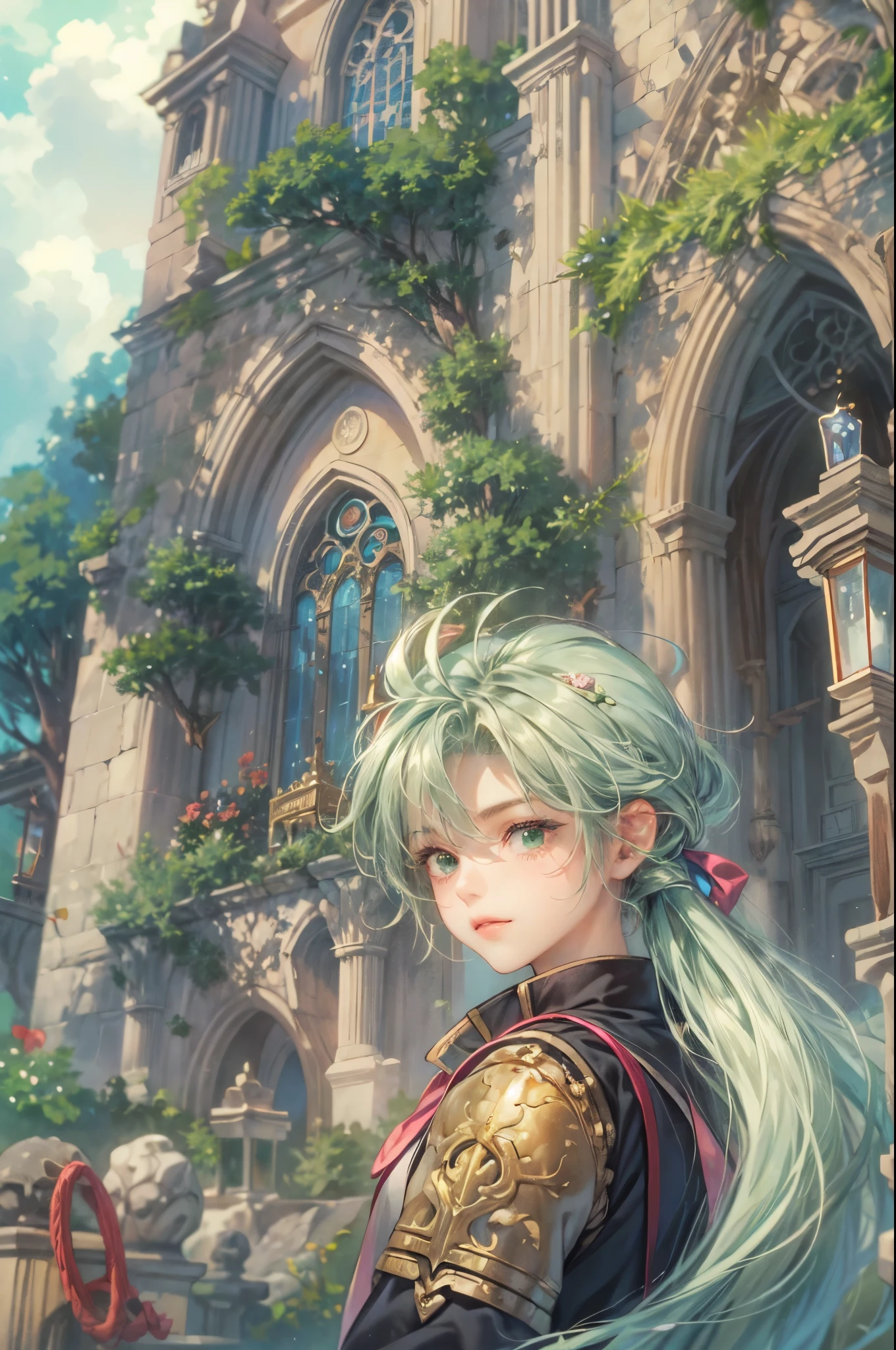 ((Best quality)), ((masterpiece)), (detailed), ((perfect face)), ((halfbody)) handsome face, male, boy, perfect proportions , a character from anime legend of mana teardrop crystal, green hair, short hair, male version , peaceful church of domina scene, detailed church of domina background, detailed ghibli scenery background