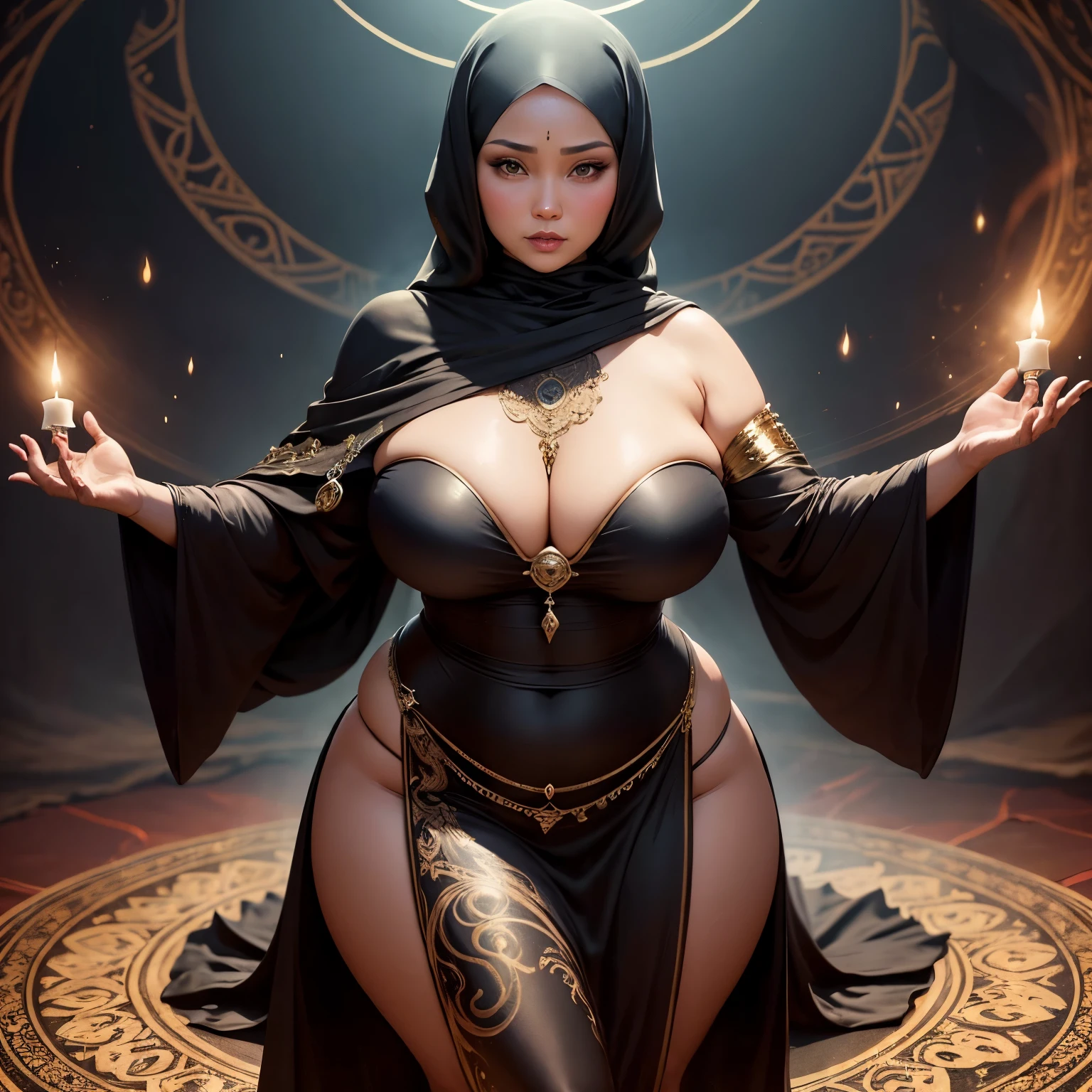 A (mature (age 40) curvaceous Malaysian woman, hijab no hair showing, silk magic gown), is a witch summoning a mythical monster into a magic circle