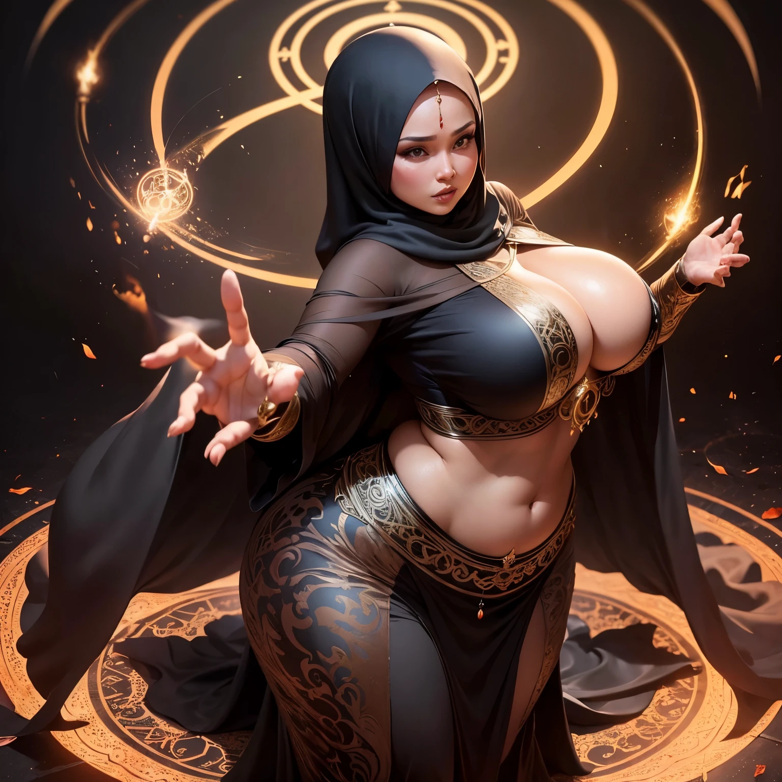 A (mature (age 40) curvaceous Malaysian woman, hijab no hair showing, silk magic gown), is a witch summoning a mythical monster into a magic circle