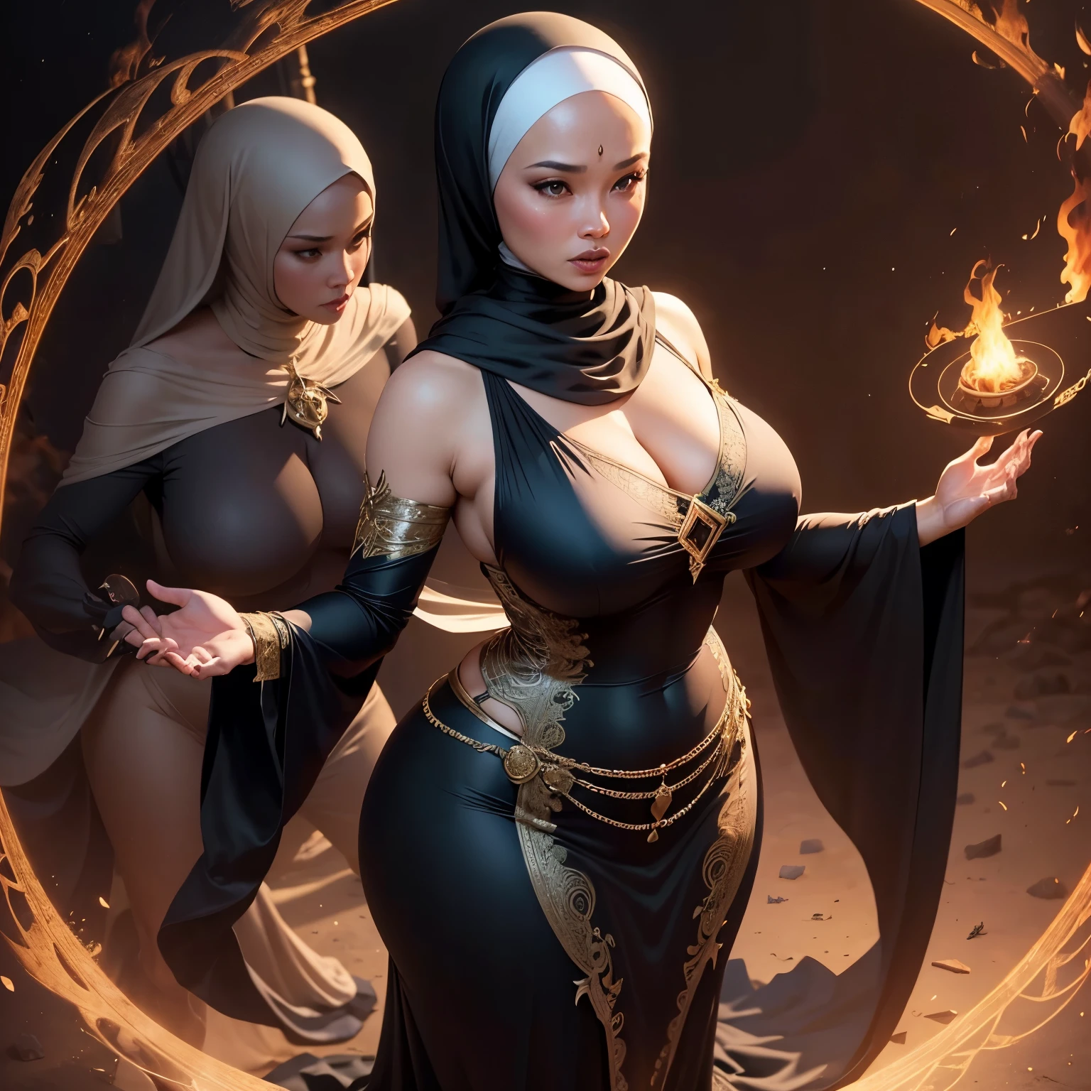 A (mature (age 40) curvaceous Malaysian woman, hijab no hair showing, silk magic gown), is a witch summoning a mythical monster into a magic circle