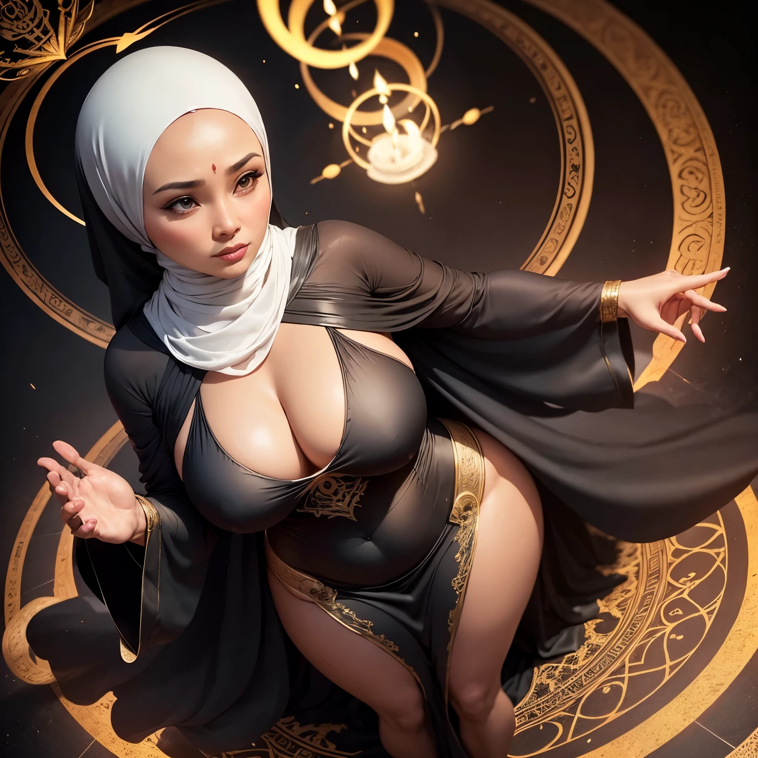 A (mature (age 40) curvaceous Malaysian woman, hijab no hair showing, silk magic gown), is a witch summoning a mythical monster into a magic circle