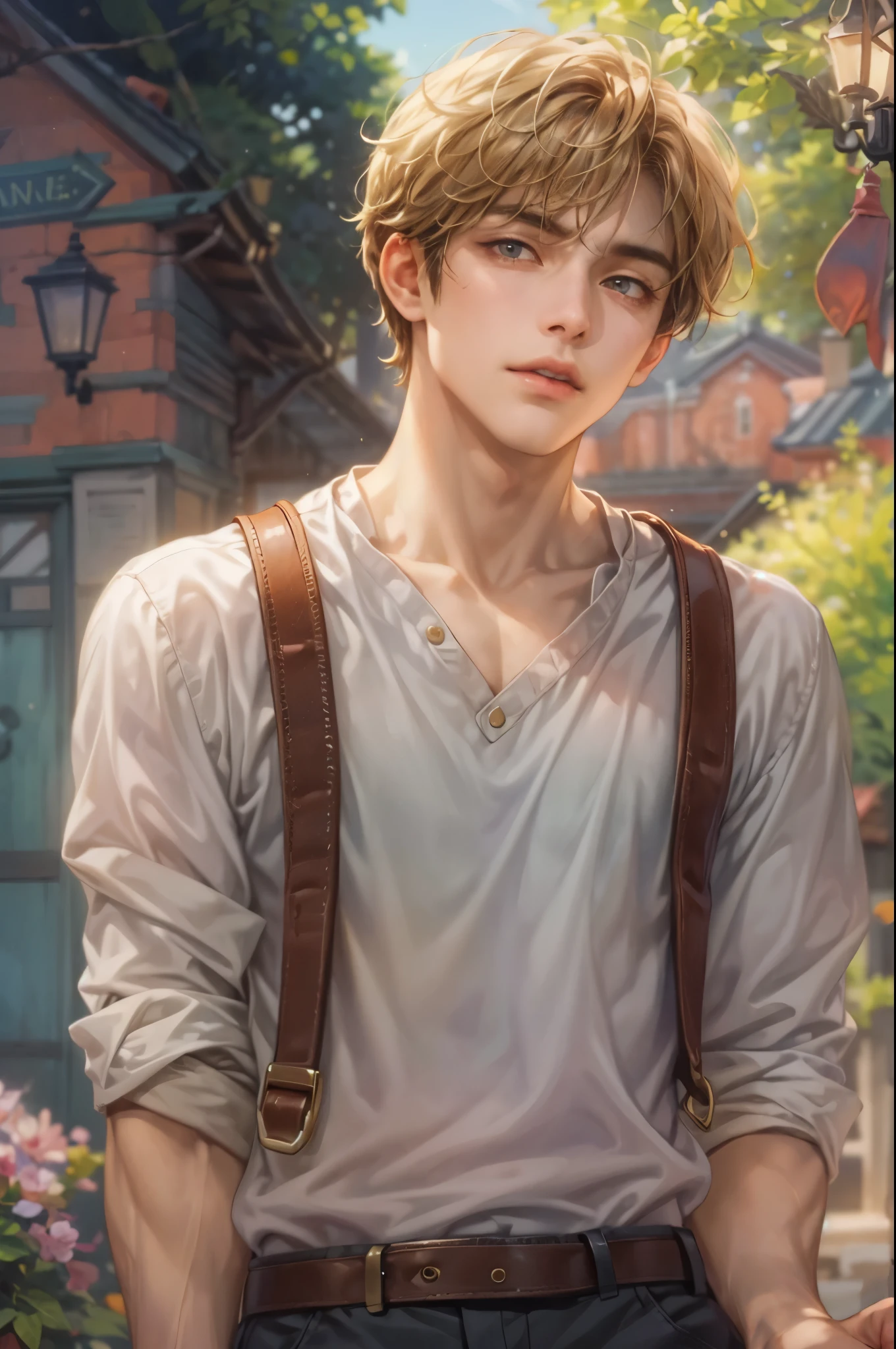 ((Best quality)), ((masterpiece)), (detailed), ((perfect face)), ((halfbody)) handsome face, male, teen boy,  perfect proportions , a character from movie damsel, short hair, male version of the main heroine , detailed background, detailed scenery background 