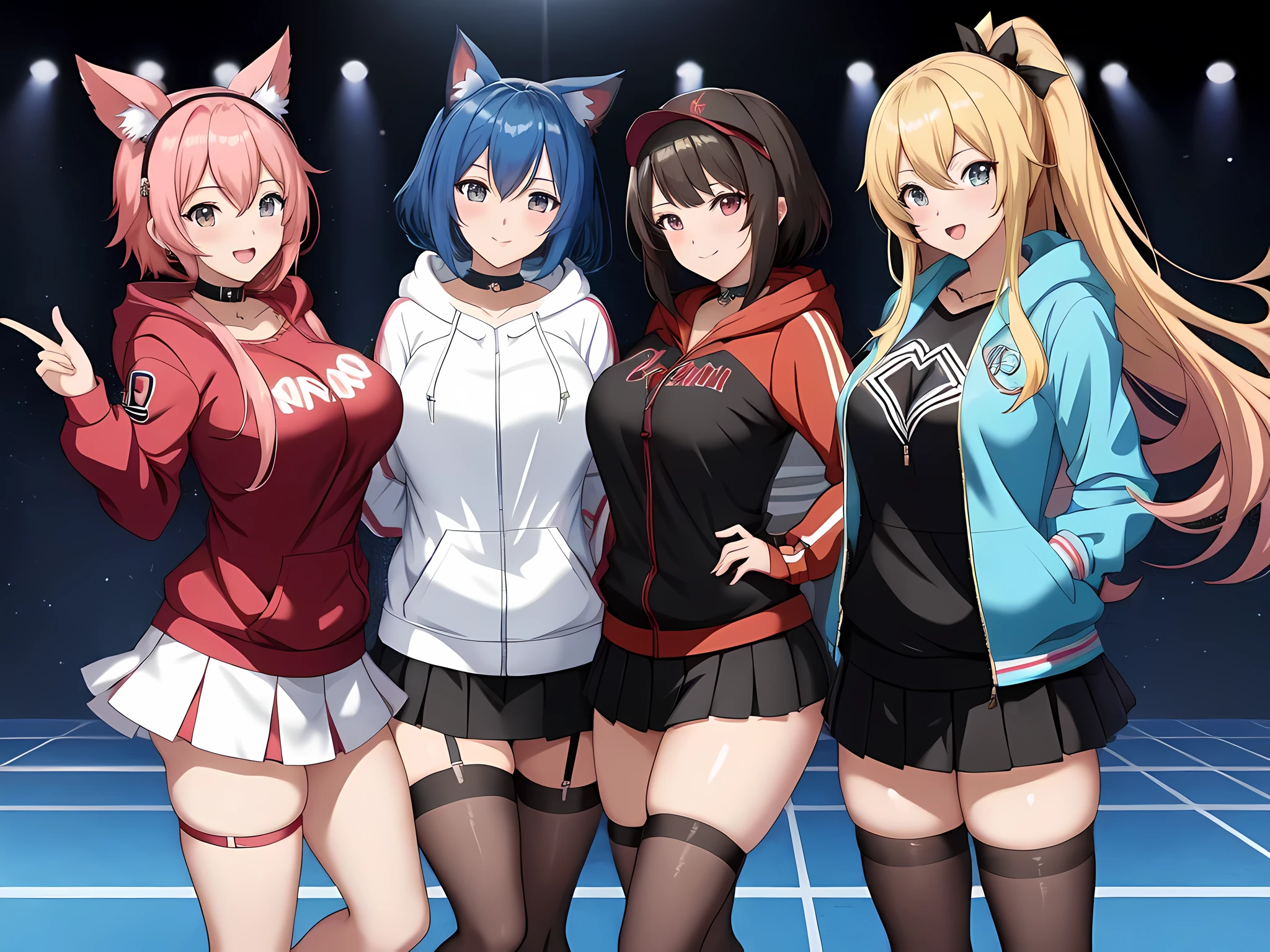 a group of anime girls in short skirts and hoodies posing for a picture, trending on cgstation, ecchi anime style, ecchi style, oppai cyberpunk, best anime 4k konachan wallpaper, anime girls, inspired gacha club game, trending at cgstation, anime style 4 k, girls frontline style, ig studios anime style, ecchi