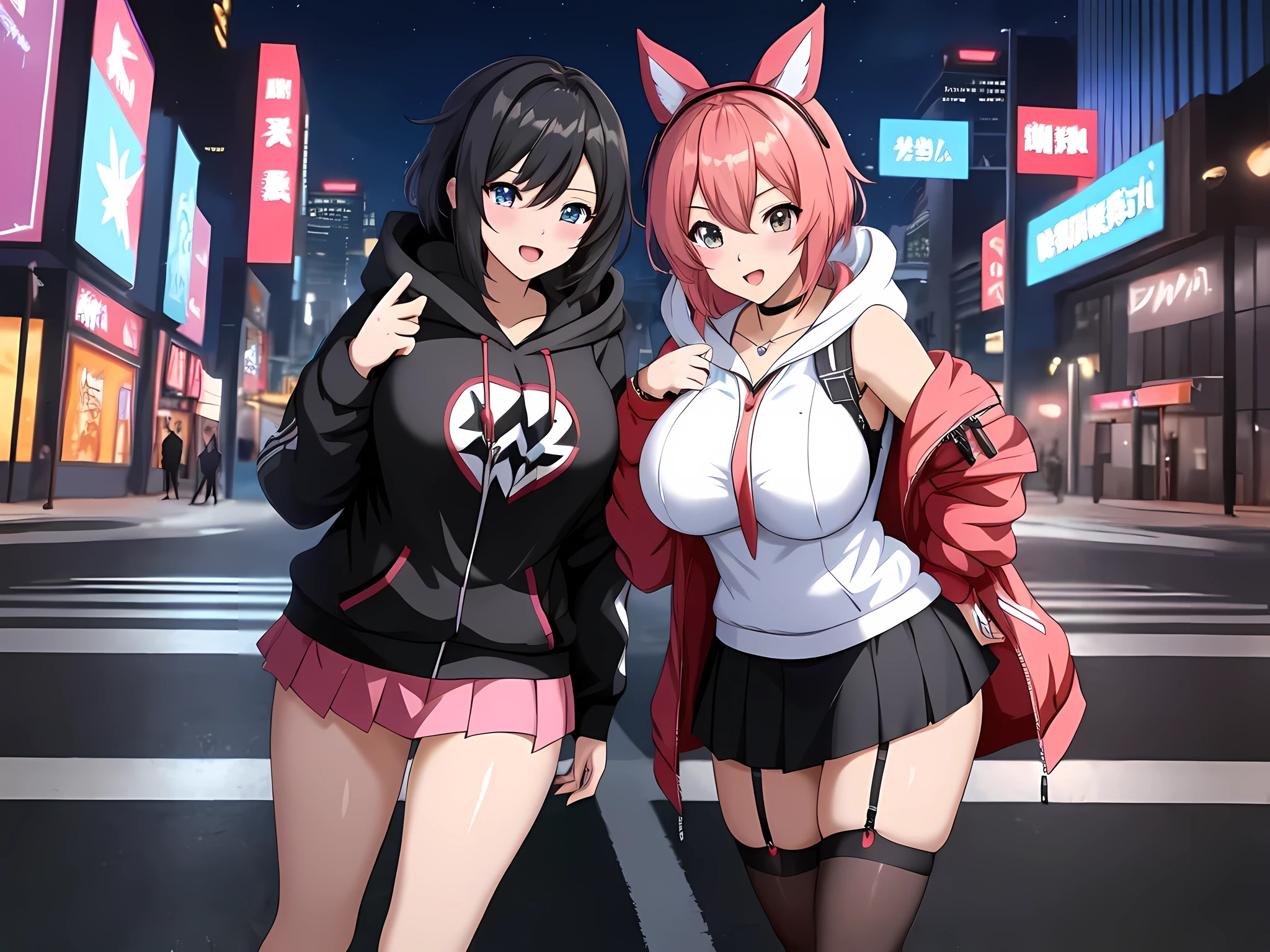 a group of anime girls in short skirts and hoodies posing for a picture, trending on cgstation, ecchi anime style, ecchi style, oppai cyberpunk, best anime 4k konachan wallpaper, anime girls, inspired gacha club game, trending at cgstation, anime style 4 k, girls frontline style, ig studios anime style, ecchi