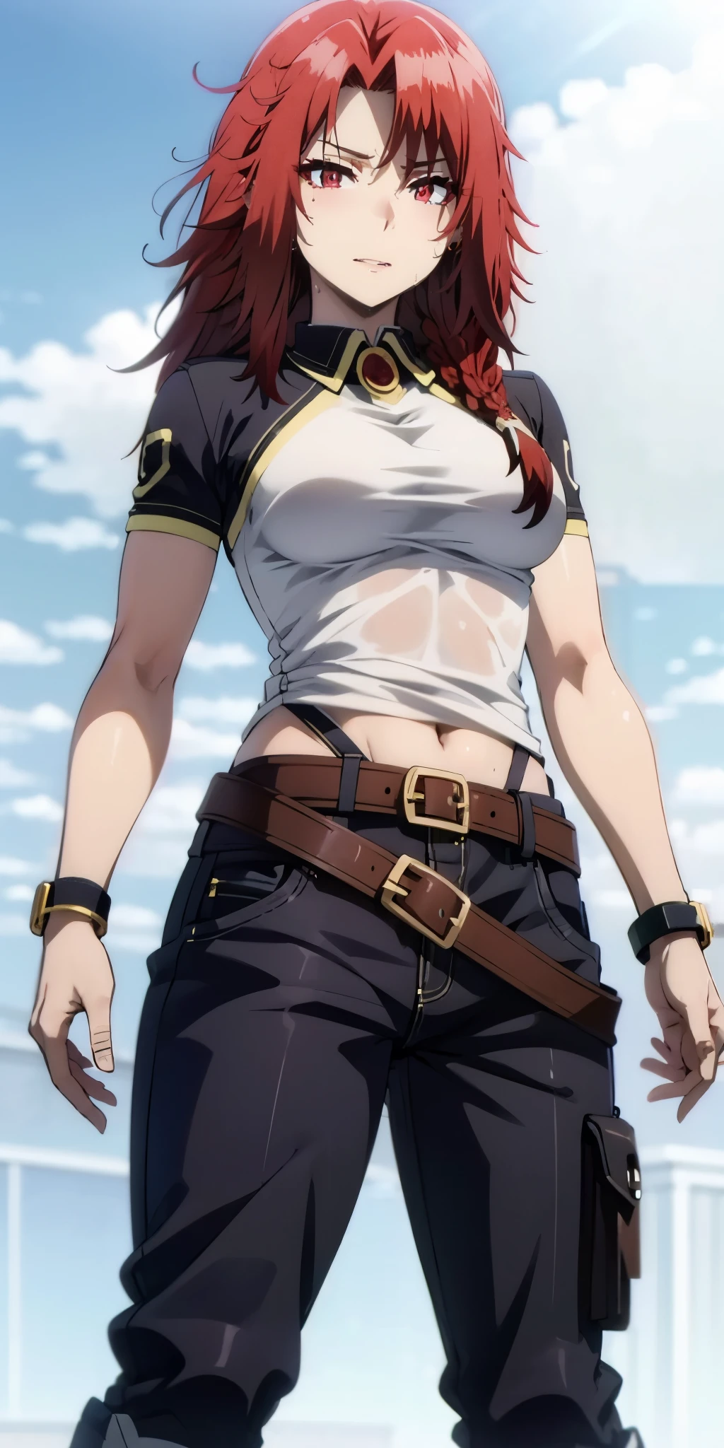 red hair, long hair, braid, red eyes, anatomically correct, pants, belt, standing, boots, sky, looking_at_viewer, closed_mouth, short_sleeves, shirt, black_pants, jewelry, blue_sky, day, muscular female, hollow eyes, facing viewer, smirk, upper teeth, lips, red eyes, sweating, wet, looking at viewer,