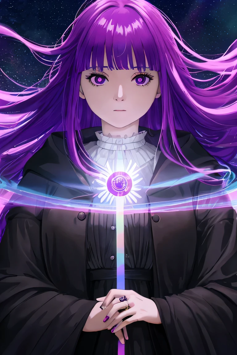tarot card style, 1 girl, 一人in, portrait , digital illustrined, flowing hair, glowing rainbow hair, night, pastel , looking for in the camera , looking for_in_viewer, ring lighting, rim lighting, purple eyes, dull bangs, trending on artstinion, WLOP, DS Caro 1