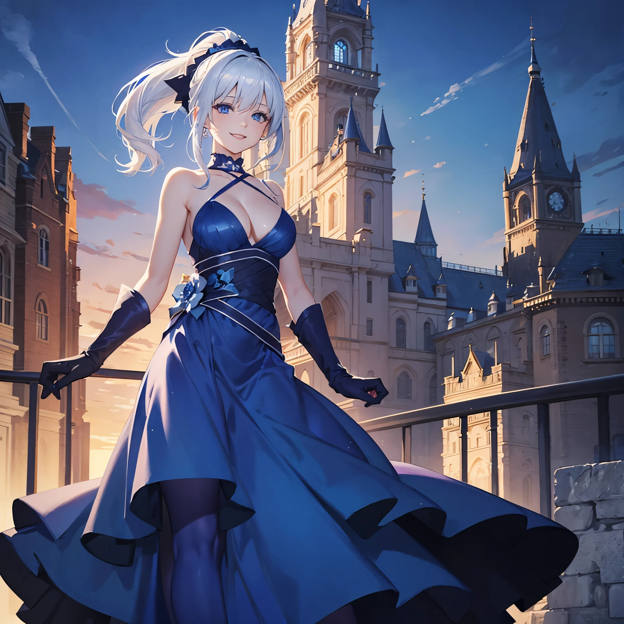 A woman wearing a blue dress, wearing black gloves, white hair with a ponytail, blue eyes, on the top of a large castle, smiling, at night
