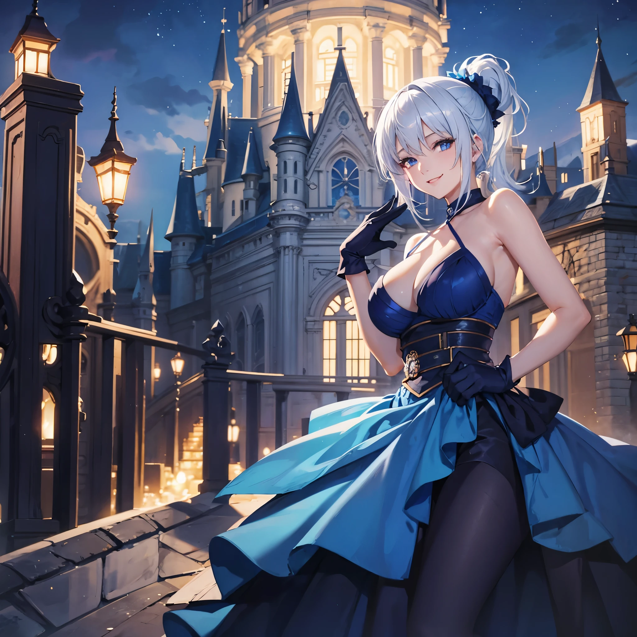A woman wearing a blue dress, wearing black gloves, white hair with a ponytail, blue eyes, on the top of a large castle, smiling, at night