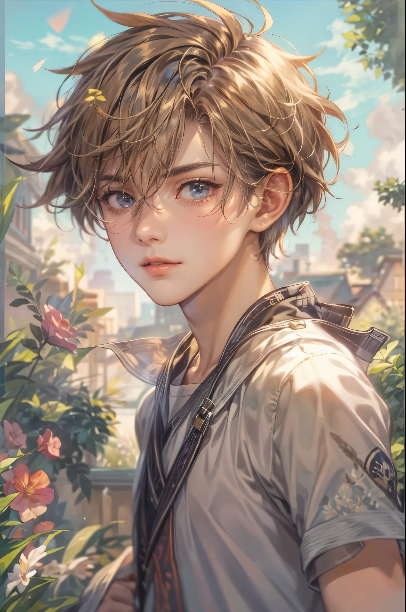 ((Best quality)), ((masterpiece)), (detailed), ((perfect face)), ((halfbody)) handsome face, male,  boy,  perfect proportions , a character from anime Pokémon, short hair, male version , detailed background, detailed scenery background 