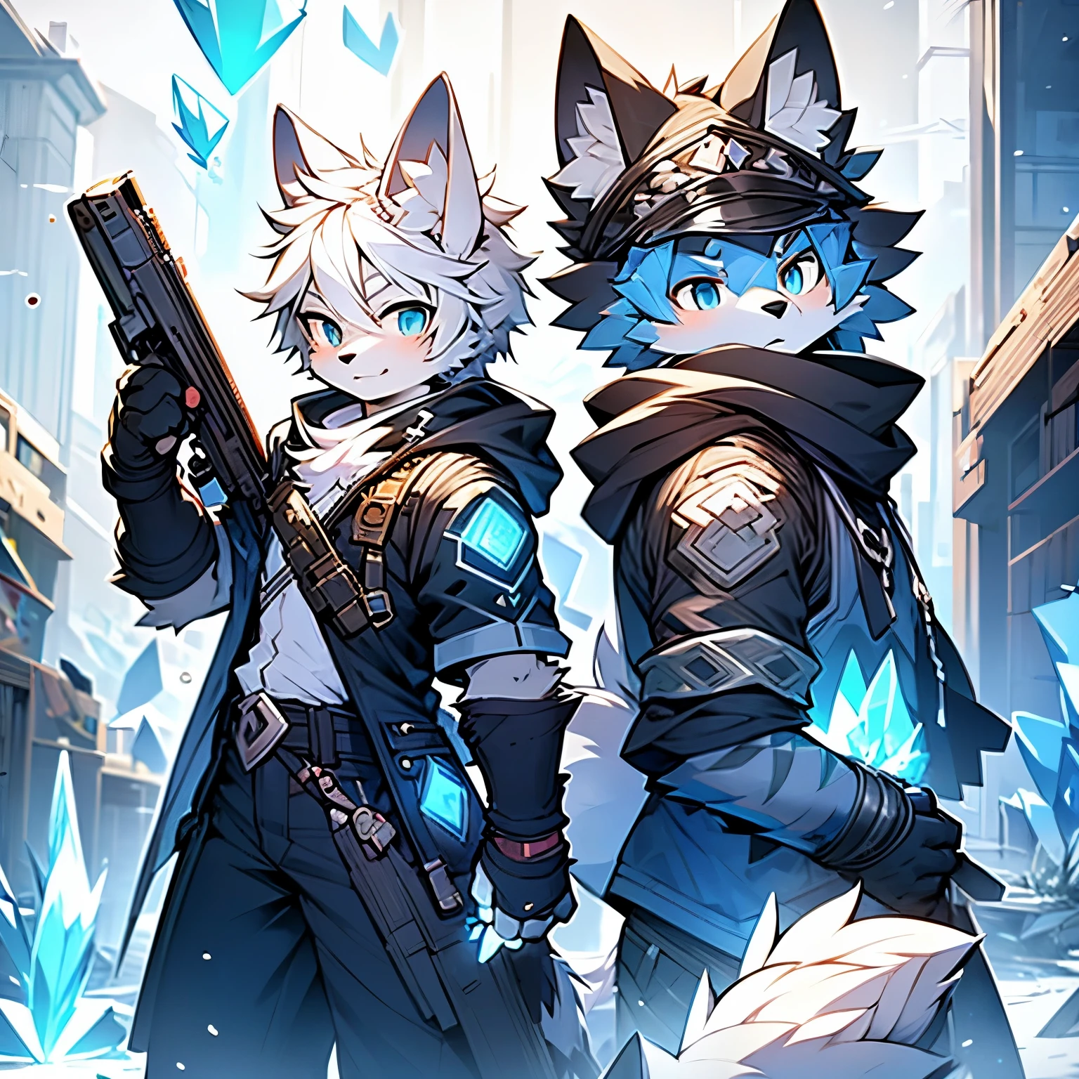 hairy,wolf boy,fur, Blue pattern,crystal blue eyes,单hairy尾巴,white hair,Short hair details,Standing on the dilapidated wall,Holding gun in right hand