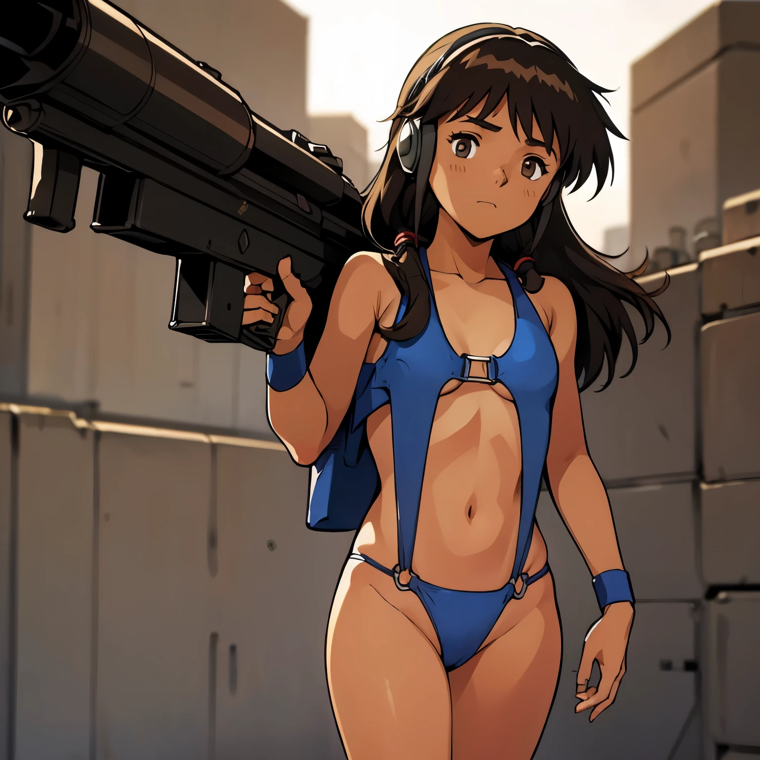 Shakti Kareen, brown_hair, brown_eyes, long_hair, dark skin, Imperial Guard Combat Uniform Swimsuit, o-ring bikini, v gundam, swimsuit, absurdres, highres, solo, cowboy shot, 1girl, neneka nibrou \(cosplay\), wristband, headphone, holster, backpack, holding gun, aiming, perfect hands, wind, small breast, mind control, empty eyes, blank eyes, corruption, obey