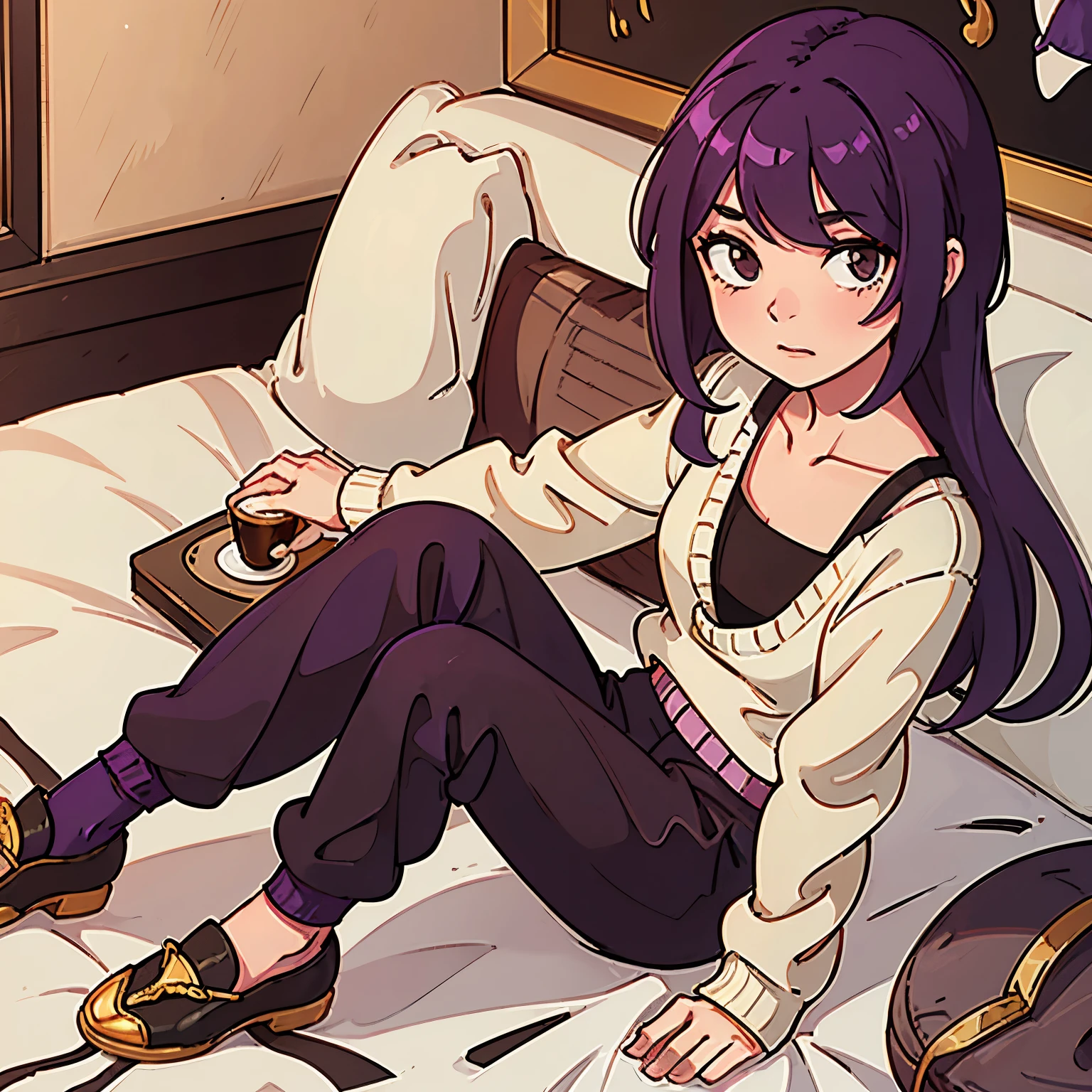 Chica con cabello morado corto, Coffee sweater, ebony purple pants, She is barefoot sitting on her bed holding gold flats or ballerina style shoes but without straps. 