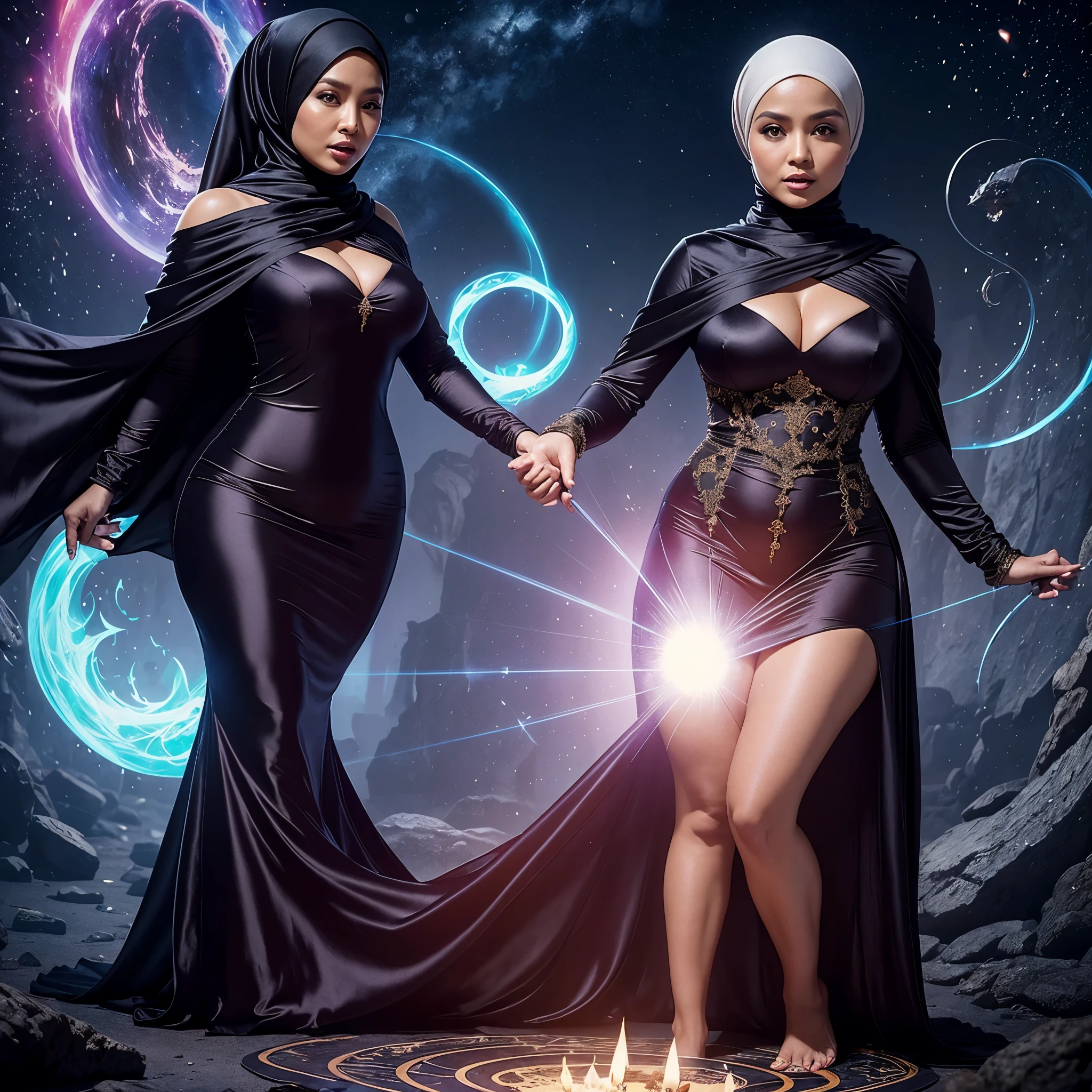 A (mature (age 40) curvaceous Malaysian woman, hijab no hair showing, silk magic gown), is a witch summoning a mythical monster into a magic circle