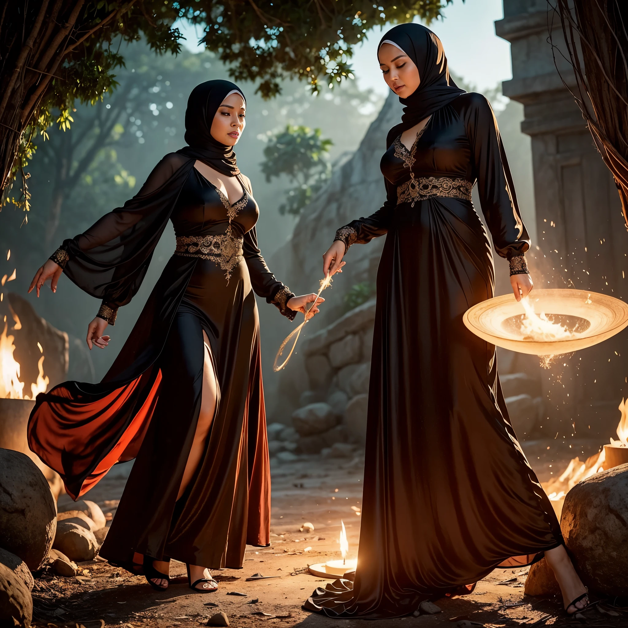 A (mature (age 40) curvaceous Malaysian woman, hijab no hair showing, silk magic gown), is a witch summoning a mythical monster into a magic circle