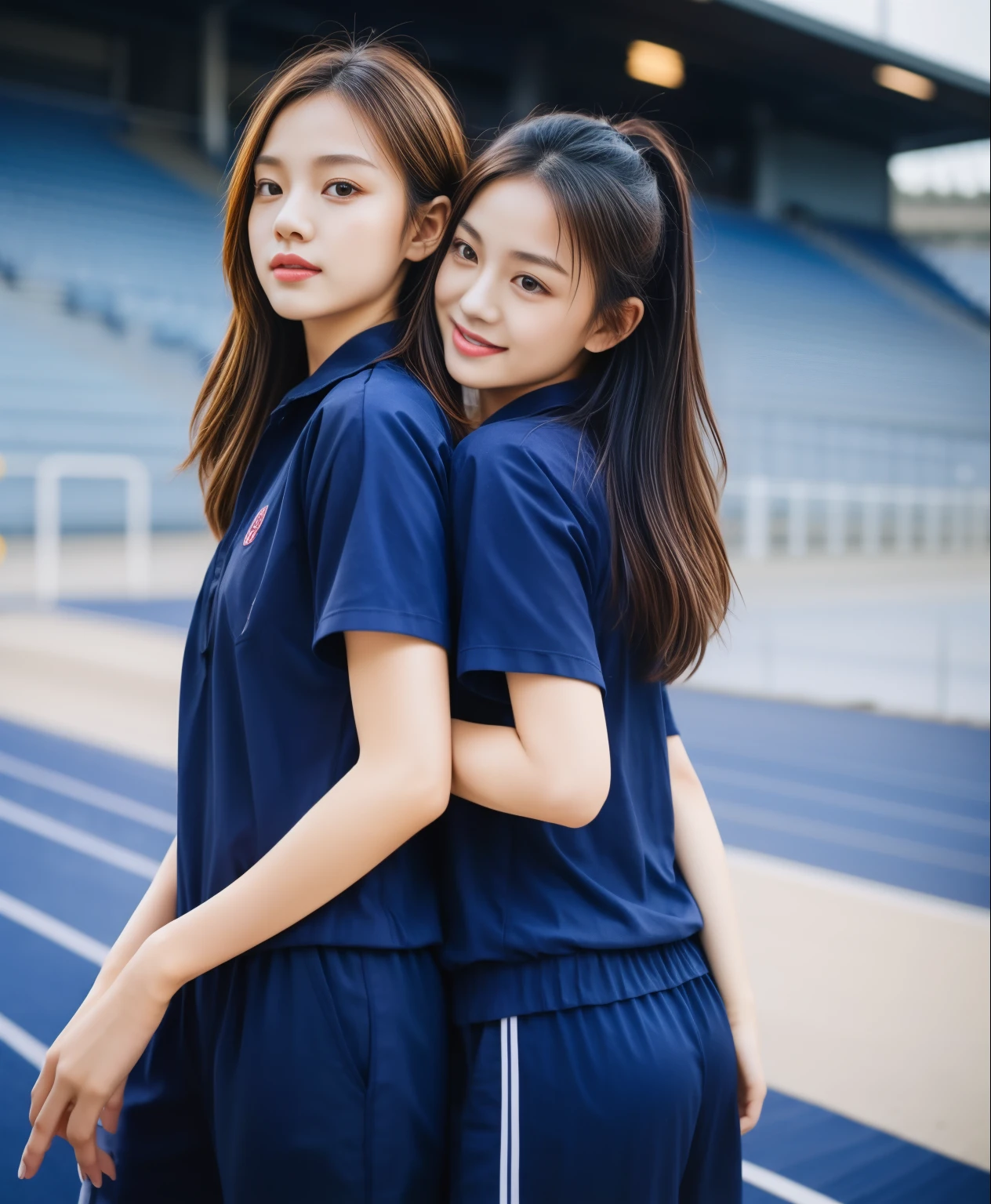 (best quality,10,10,height,Masterpiece:1.2),Special details,(realistic,ภาพrealistic,Realistic photos:1.37),1 cute girl on the football field,shiny, ผิวshiny,only,smile softly,BDclothelue shirt:1.3)),short sleeve,shirt, กางเกงขาlong.,(navy_long_track pants:1.1), ((stadium background:1.3)),Dynamic angle,excited,Face focus,dynamic poses,from behind,focus on ass,Masterpiece, best quality, ultra realistic, hyper-detail, 8K resolution, raw photos, Sharp focus, ((Navy blue shirt:1.1)), short sleeve, เส้นทางlong, perfect body, 2 mature women, 18 years old, Cinema-grade lighting system,blue sweatpants,shirtผ้าออกกำลังกาย,correct anatomy,perfect body, correct body, Sharp face, correct bodyทางกายวิภาค, full body, realistic gestures, long-haired, realistic poses,Wear long shorts................................,ช่วงขาlong,Good shape,carved girl, Slender figure, model, Good shape, beautiful body,blue sweatpants, two girls kissing