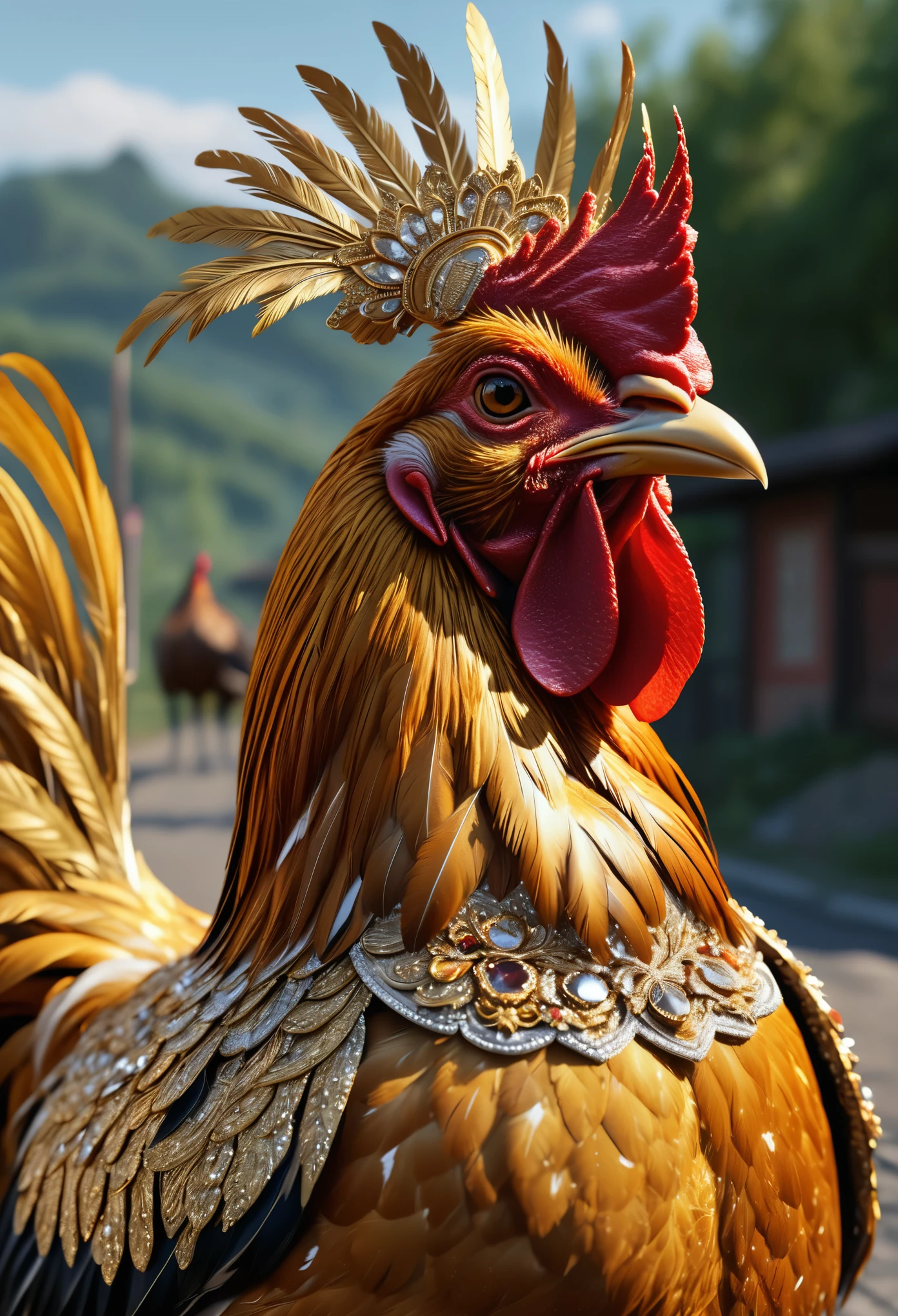 Extremely realistic, ultra detailed, 8K, Highly Resolution, professional photography art, crowned rooster, spread wings, wearing gold armor engraved with intricate motifs with lots of diamonds, very detailed and realistic chicken feathers, very realistic and detailed chicken skin and pores, magnificent and luxurious accessories, sparkling jewel decorations, wearing glasses, swinging a sword, riding a horse, small country road, full body exposed photo, full body shot, very realistic photo, looks detailed and very realistic
