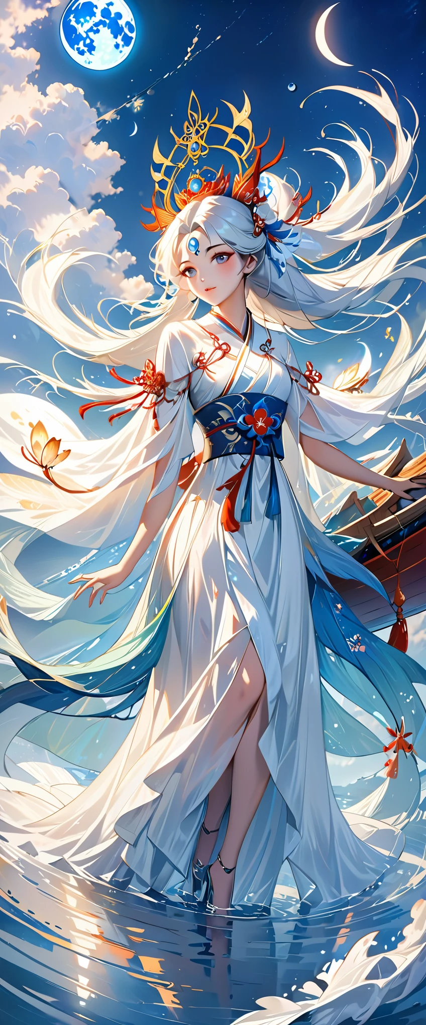 anime girl in a white dress floating in the water with a boat, xianxia fantasy, goddess of the moon, a beautiful fantasy empress, by Yang J, chinese fantasy, beautiful maiden, queen of the sea mu yanling, moon goddess, lunar goddess, flowing magical robe, beautiful celestial mage, by Leng Mei, ((a beautiful fantasy empress))