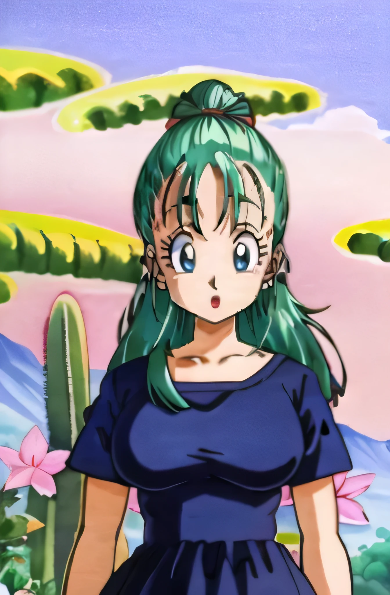 ((extremely detailed CG unity 4k wallpaper)),(masterpiece),(ultra quality),(ultra-detailed),(best illustration),(best shadow),(Extremely Detailed),(absurdres),(detailed background), Bulma, 1girl, solo, dress, white shirt, blue eyes, bulma closed mouth, long hair, looking away, english text, short sleeves, collarbone, frown, eyelashes,big breasts, looking to the side, green hair, t-shirt, blurry, big breasts, in the southwest mountains and cactus with pink flowers (full body) (full background )