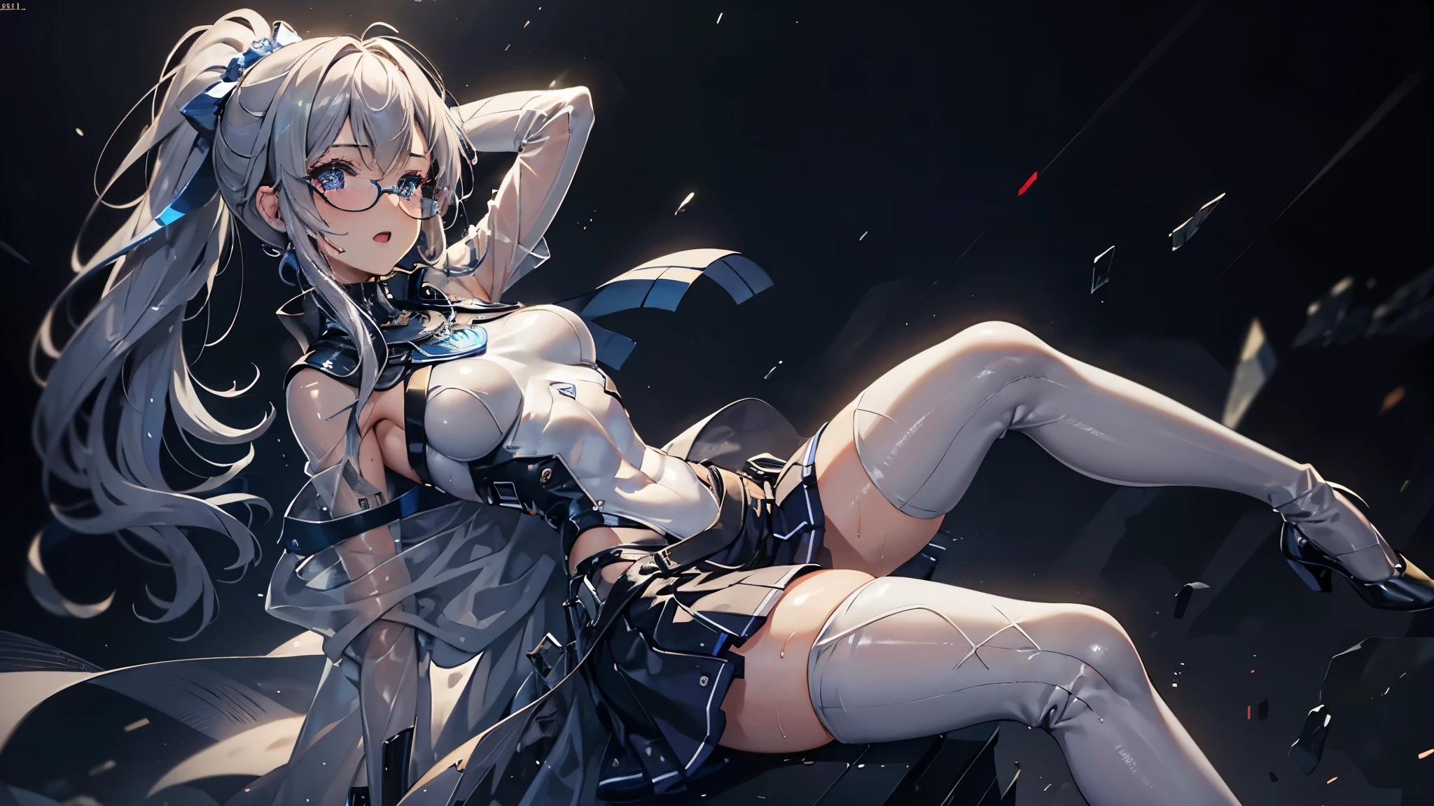 1 girl, solo,,,city,night,(((white and blue tight miniskirt bodysuit))),(wet with sweat),open mouth smile((See-through))glasses,((beautiful long ponytail)),((Baby girl body shape)), (((tmasterpiece),(Very detailed CG unity 8K wallpaper),best qualtiy,cinmatic lighting,detailed back ground,beatiful detailed eyes,Bright pupils,(Very fine and beautiful),(Beautiful and detailed eye description),ultra - detailed,tmasterpiece,)),facing at camera,