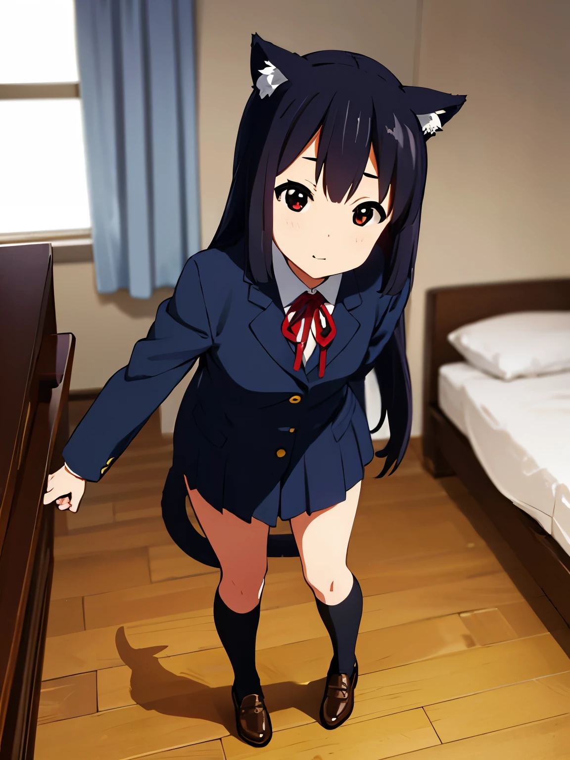 1girl, (((​masterpiece))),(((full body))), wallpaper HD, top-quality, top-quality, High Details, nakano azusa, 1girl, Sakuragaoka High School Uniform, student clothes, black cat ear, (((black cat ear))), Twin-tailed, length hair, A dark-haired, brown-eyed, solo, reddish, Dark blue blazer with thin red ribbon, Solid white buttoned shirt under blazer, sleep on the bed, illustratio, comic strip, soothing tones, Subdued Color, Soft cinematic light, adobe lightroom, photolab, HDR, intricately and hyper-detailed、(((depth of fields))))。(((​masterpiece)))。(((top-quality))).)((ultra-detailliert)))。(((illustratio)))。(((takeout))).dynamic focus.big breasts.(((home))).(((A bedroom))).(((Face of happiness))). open smile mouth.(((up chest))).((morning glow)).((the setting sun)).