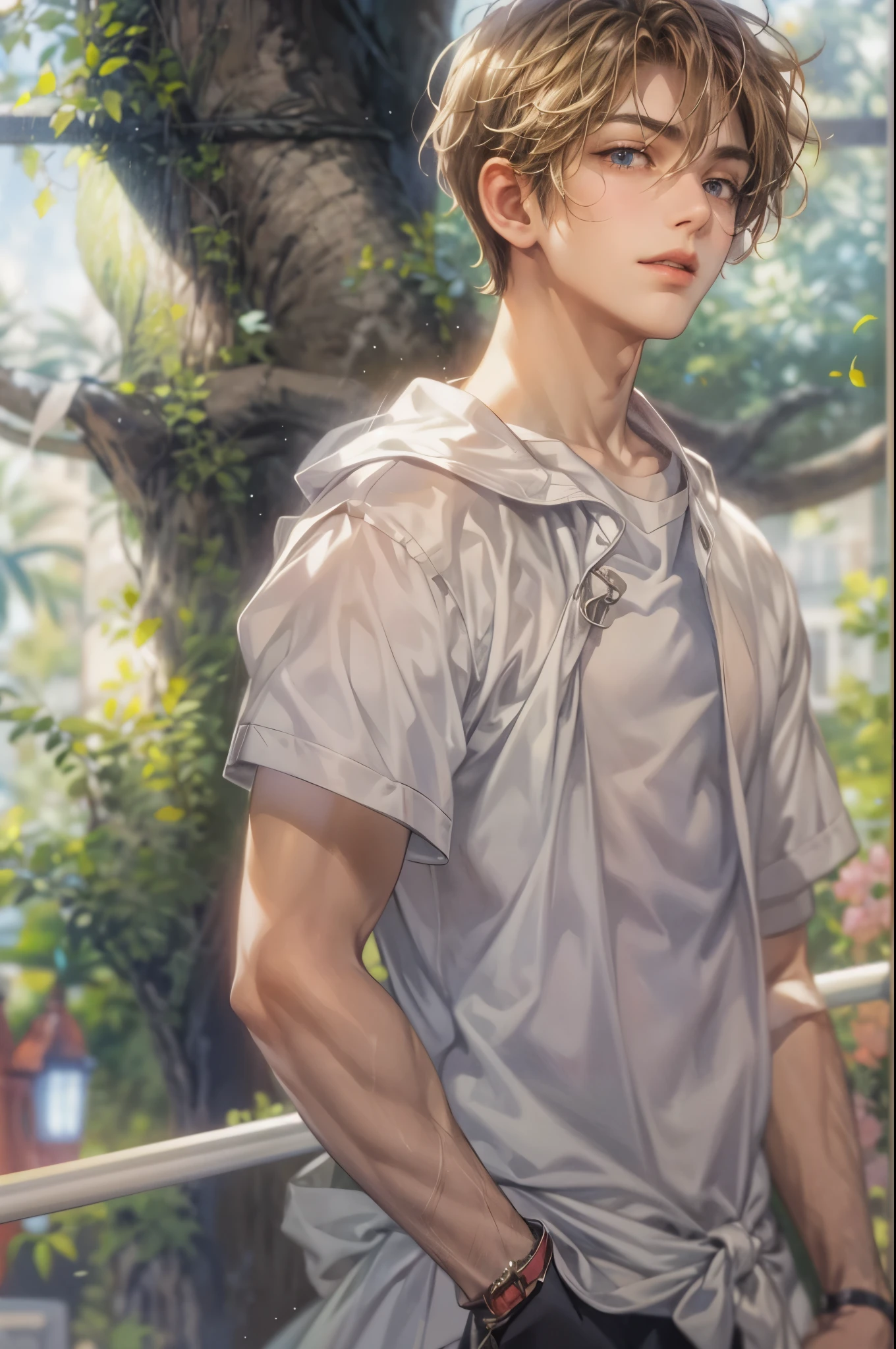 ((Best quality)), ((masterpiece)), (detailed), ((perfect face)), ((halfbody)) handsome face, male, teen boy,  perfect proportions , a character from anime Pokémon, short hair, male version , detailed background, detailed scenery background 