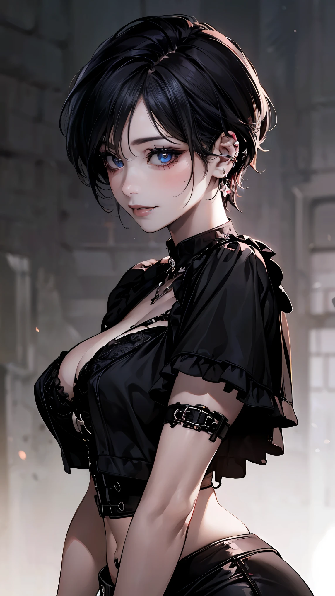 (masterpiece:1.2, highest quality), (realistic, photorealistic:1.4), beautiful illustrations, (natural side lighting, movie lighting),
looking at the viewer, Upper body, (Front view), 1 girl, perfect face, Cute symmetrical face, shiny skin, , long eyelash, (large breasts), (wide hips:1.5),short cut hair,
beautiful hair, beautiful face, detailed and beautiful eyes, beautiful body, beautiful breasts, beautiful thighs, beautiful feet, beautiful fingers,
(beautiful scenery),(cute smile:1.3, upper eye), 18yo,pale skin,a woman in black corset and goth hair, with piercings, 1girl, solo, black hair, short hair, ring,(pierce:1.5),(punk style:1.5),(gothic dress),(black lips:1.7),side layered skirt,black bra,