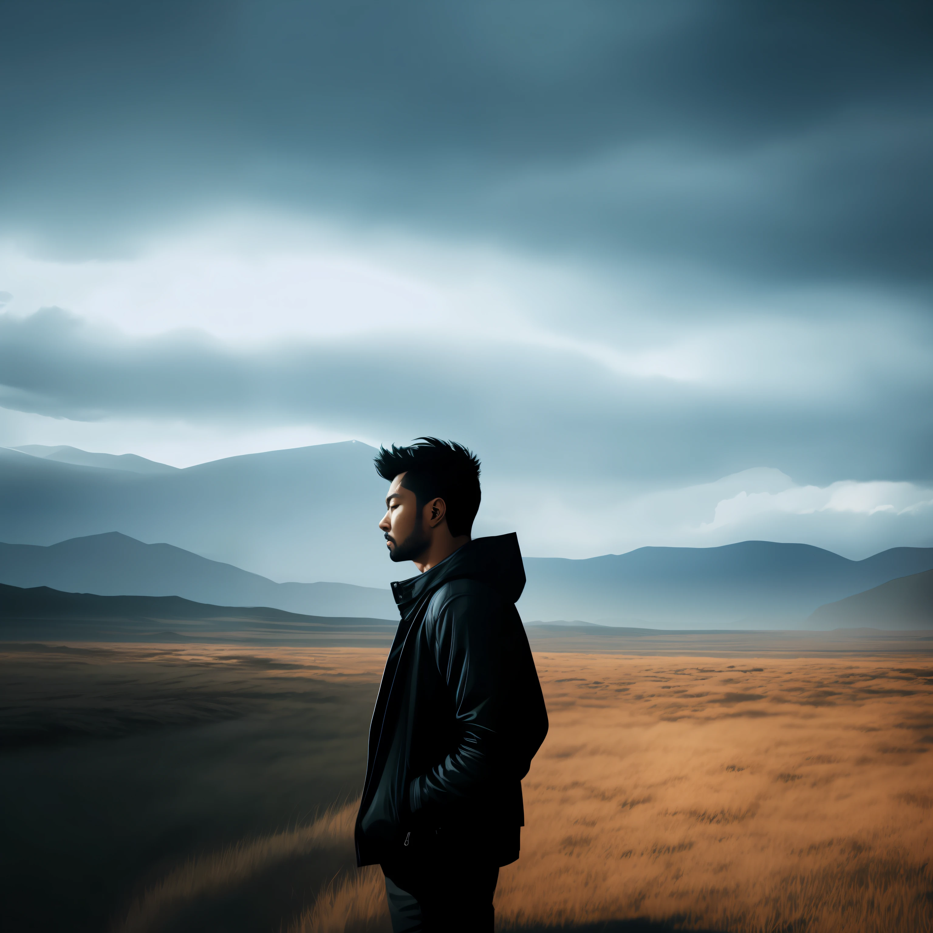 Создайте загадочную обложку для плейлиста 'Where Is My Mind?'. A whirlwind of cloudy images merging with a blurred landscape can serve as a model;. In the center of the image, place the man's head with his eyes closed, symbolizing inner peace and reflection. Use muted warm pastel colors to accentuate the nostalgic and deep atmosphere. Cветящиеся огни, High-tech, A hyper-realistic, Masterpiece, extremely detialed, Sharp focus, 8K, illustartion, ArtStation, The Art of Liam Wong
