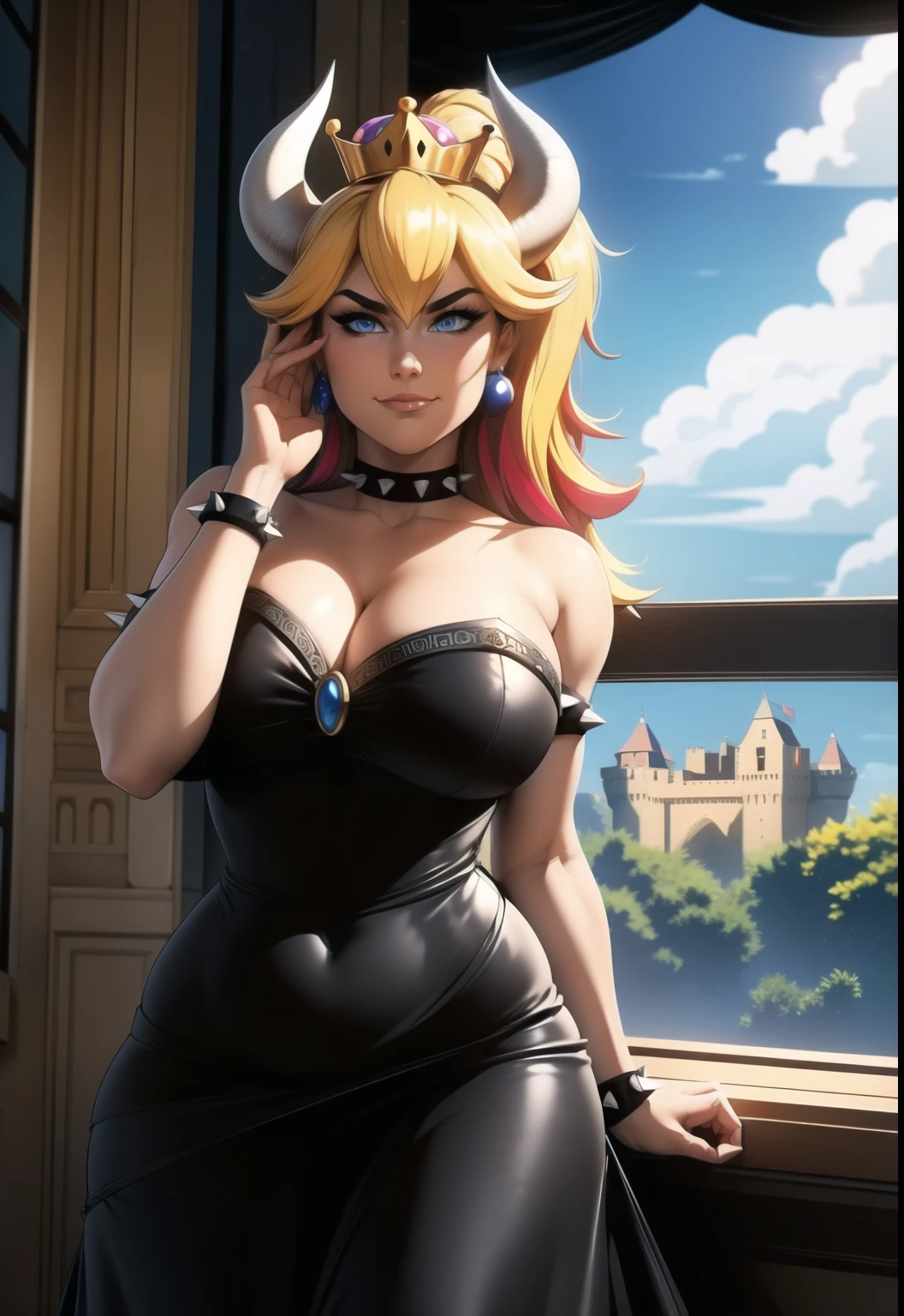 ((masterpiece)), (best quality:1.7), (detailed:1.4), (high res:1.4), 8k, (colorful:1.5), 2d, high resolution, sharped image, 4k, hd, bowsette, (1girl), (solo), blonde hair, blue eyes, spiked brazalets, spiked armlets, spidek choker, super crown, horns, ((white horns)), crown, (pink crown), ponytail, long hair, (middle body), ((thighs)), hands on own face, room, window, clouds, sun, sky, clouds, earrings, blue earrings, chest ornament, ((black dress)), furniture, plants, decoration, ((castle)), (fluffy dress), (curvy body), standing, long dress, smug, closed mouth, (strapless), ((peace symbol)), 