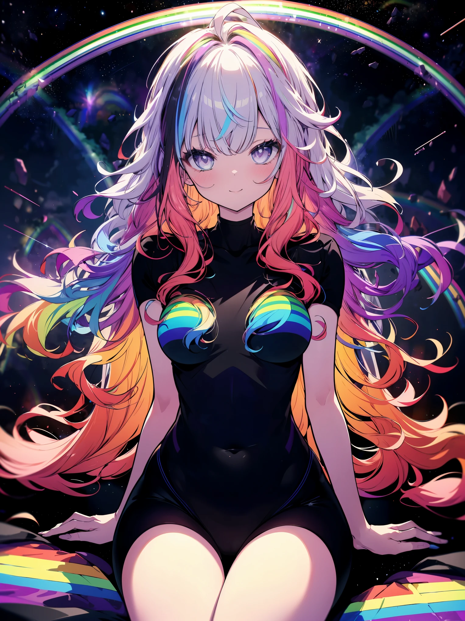 (cowboy shot), (best quality, ultra-high resolution, depth of field:1.2), adult, 1woman, medium breasts, wide hips, athletic figure, mid-air twist, wavy hair (rainbow highlights:1.6), colorfulmix, sitting on an asteroid, looking at viewer, space scenery, galaxy, gentle smile