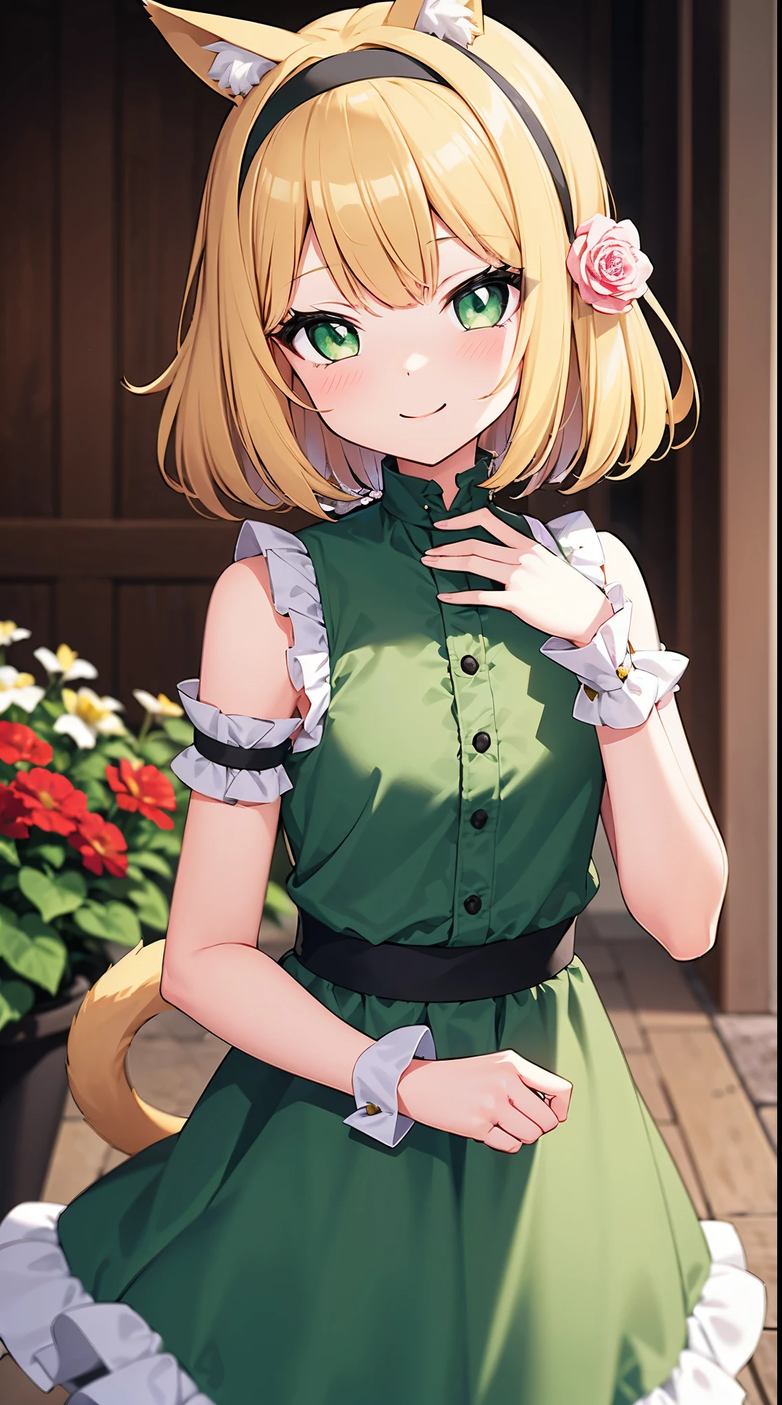 1girl, animal ear fluff, animal ears, bangs, black hairband, blonde hair, blurry, blurry background, depth of field, dress, flower, flower pot, frilled dress, frills, green dress, green eyes, hairband, sleeveless, sleeveless dress, smile, solo, tail, wrist cuffs