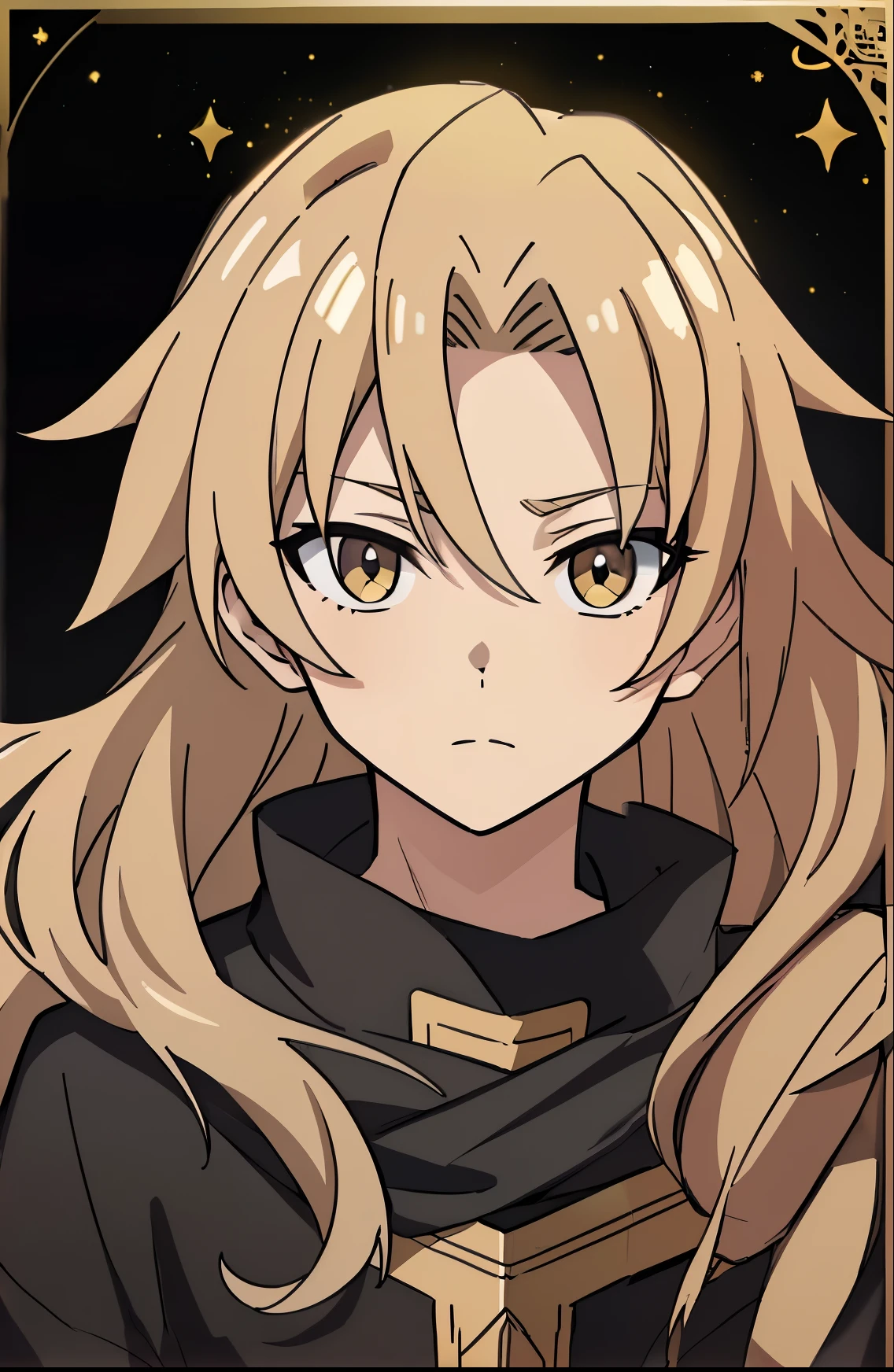 (high-quality, breathtaking),(expressive eyes, perfect face) young face, long hair length, wavy curly hair, messy hair, light blonde hair color, detailed eyes, golden color eyes, Hypnos Saint Seiya Lost Canvas anime inspired, long sleeved black tunic, gold trim, age 7, portrait, zoomed out, narrow eyes, black background, music, spiky hair, spiked up hair