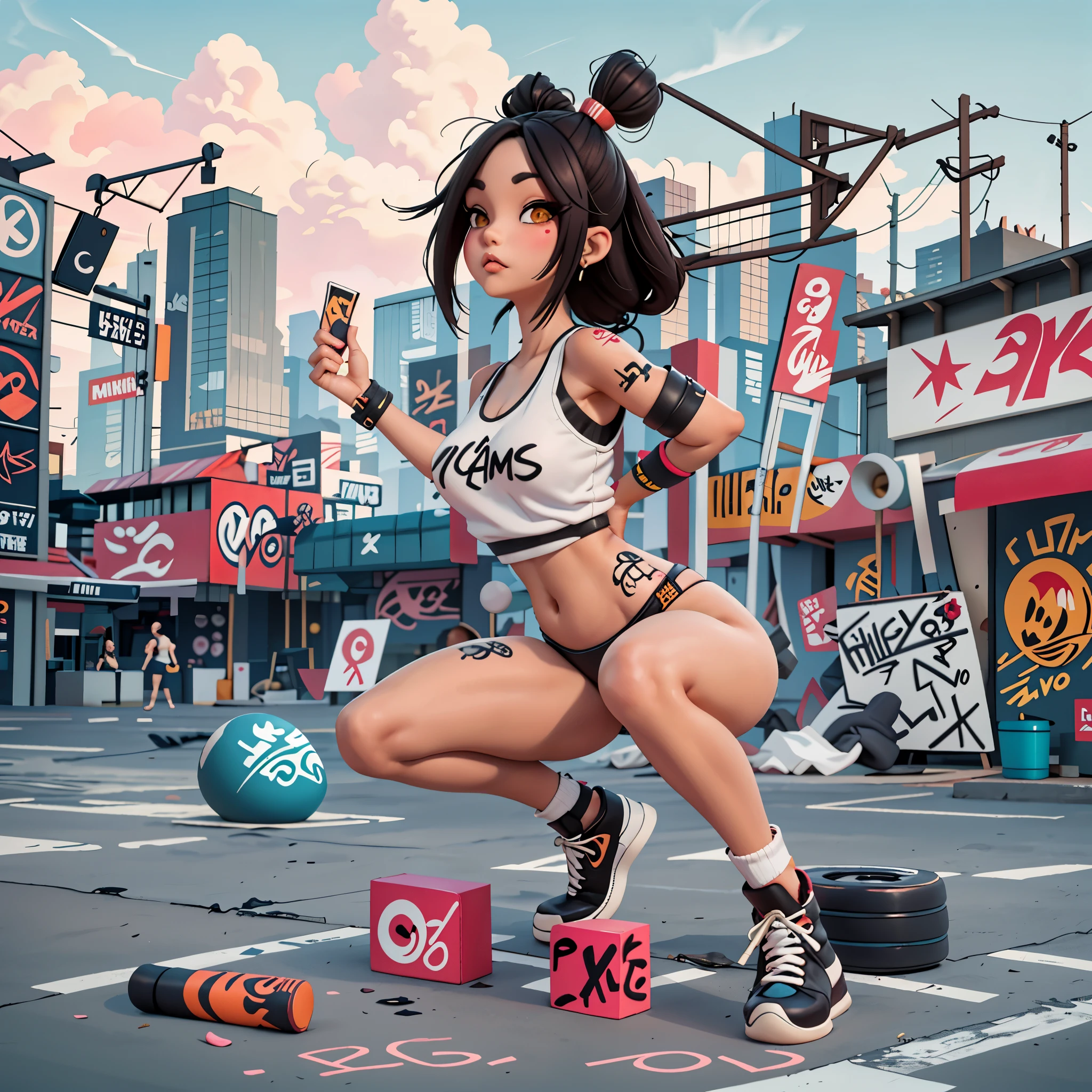 Graffiti Asian girl Graffiti style Wearing a hip-hop hat, wide ears, nose piercing, cigarettes, a Slipknot tattooed tank top, hip-hop pants and oversized Nike sneakers, squatting position, leather soles, graffiti, Thai style, graffiti clouds, graffiti work.
