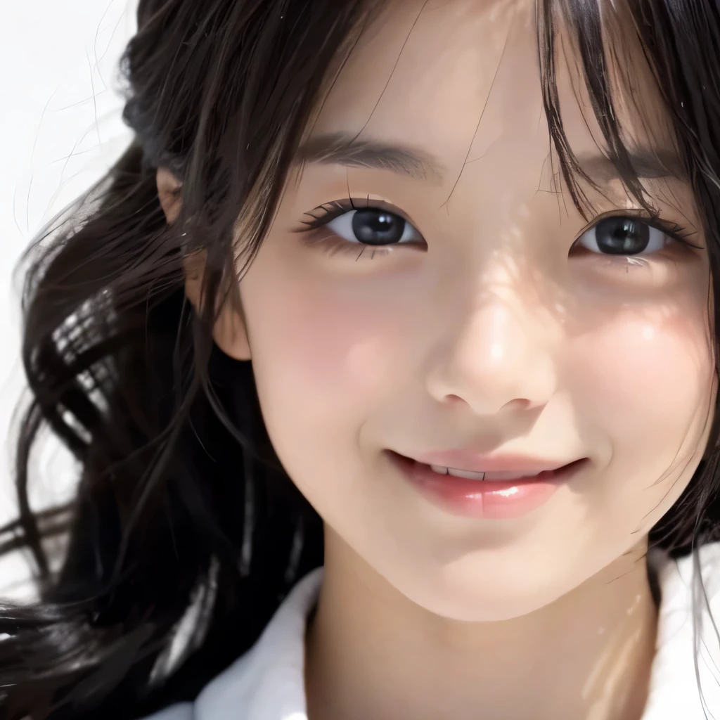 1girl、white background、close up of face、Japanese、black hair、hairstyle(Moderate、one curl、Inward roll)、best smile,