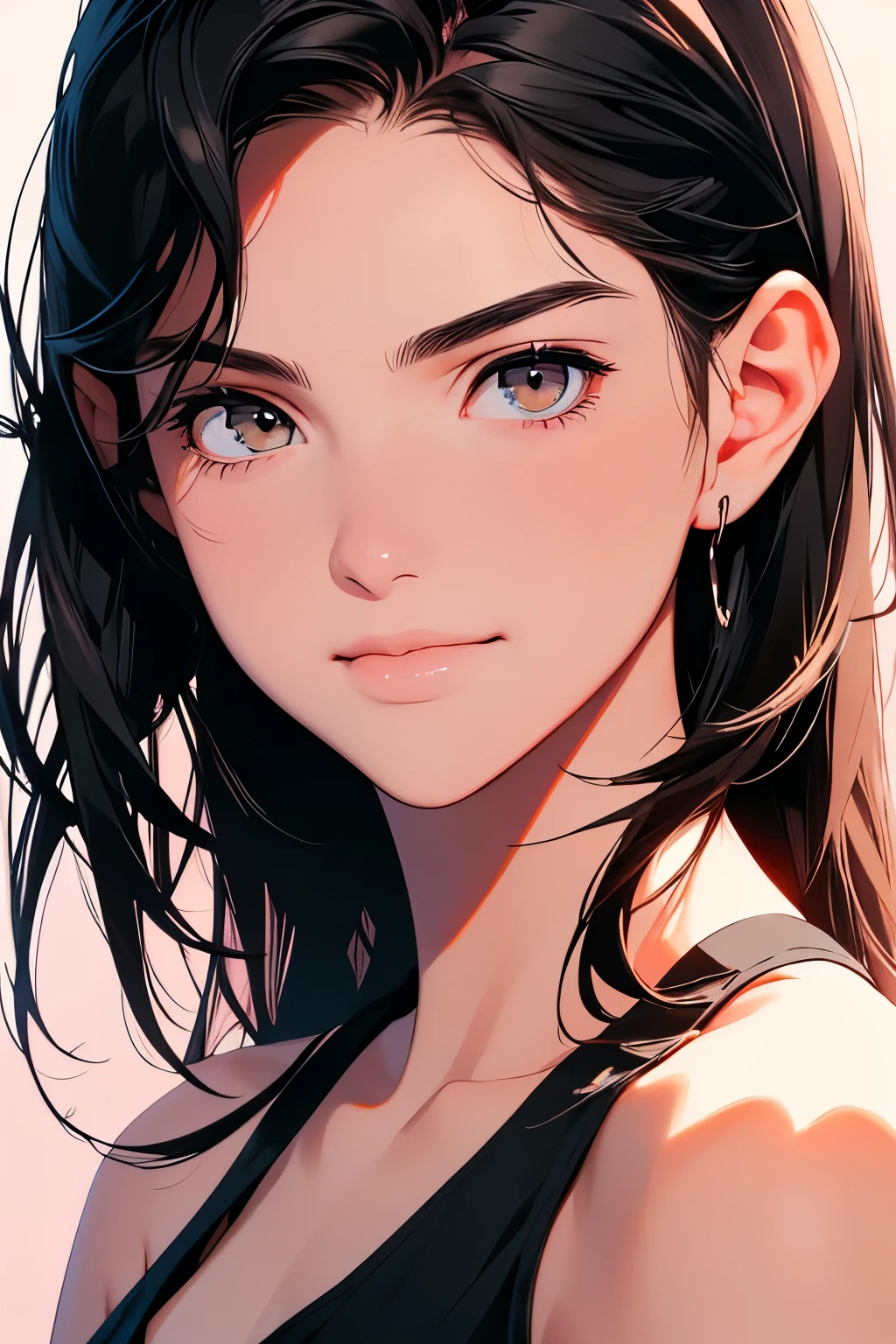 highres,ultra-detailed,realistic,portrait,caucasian female,18 year old,black hair,bangs,hazel irises,toned,slender physique,realistic proportions,anatomically accurate,college student,subtle smile, pink cheeks; intimate distance,dark soft lighting