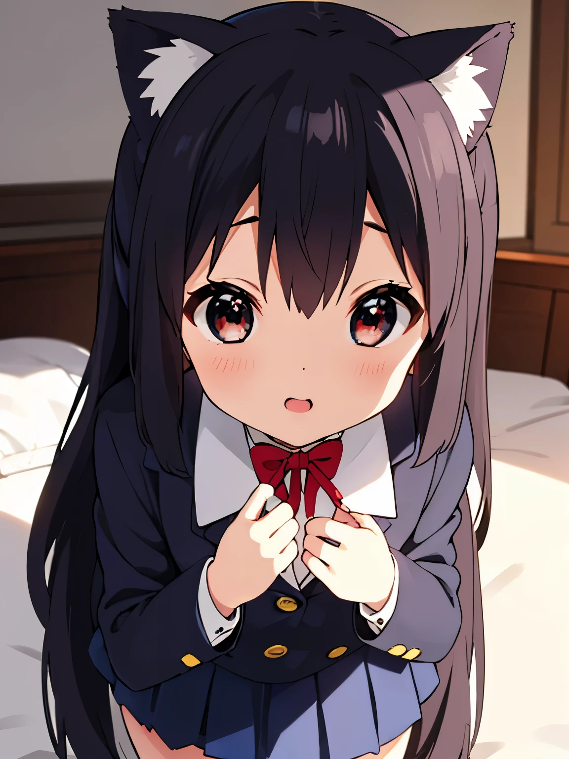 1girl, (((​masterpiece))),(((full body))), wallpaper HD, top-quality, top-quality, High Details, nakano azusa, 1girl, Sakuragaoka High School Uniform, student clothes, black cat ear, (((black cat ear))), Twin-tailed, length hair, A dark-haired, brown-eyed, solo, reddish, Dark blue blazer with thin red ribbon, Solid white buttoned shirt under blazer, sleep on the bed, illustratio, comic strip, soothing tones, Subdued Color, Soft cinematic light, adobe lightroom, photolab, HDR, intricately and hyper-detailed、(((depth of fields))))。(((​masterpiece)))。(((top-quality))).)((ultra-detailliert)))。(((illustratio)))。(((takeout))).dynamic focus.big breasts.(((home))).(((A bedroom))).(((Face of happiness))). open smile mouth.(((up chest))).((morning glow)).((the setting sun)).