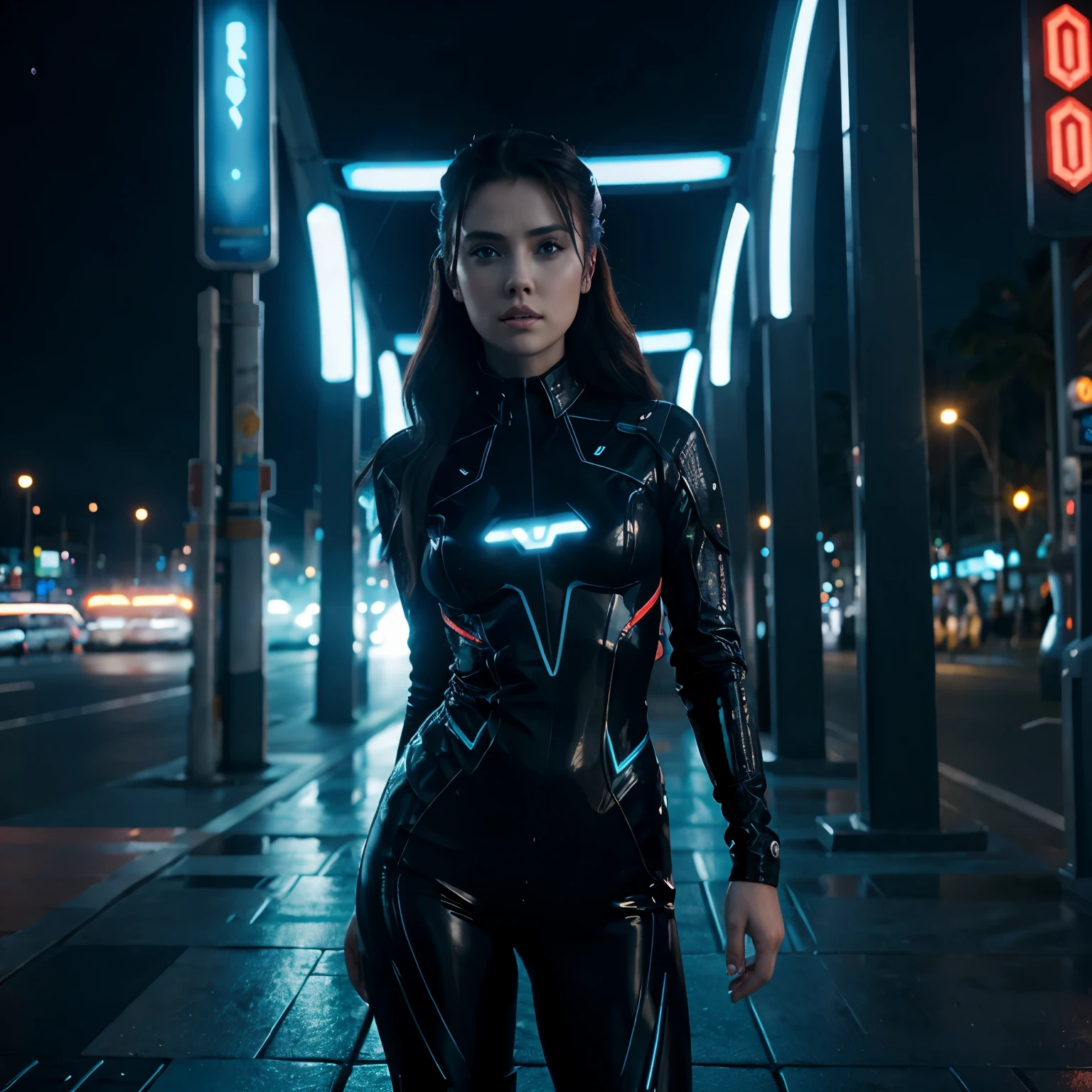 Mujer universo de Tron, parecida a Scarlet Johannson, en una ciudad futurista, detalle, mejor calidad