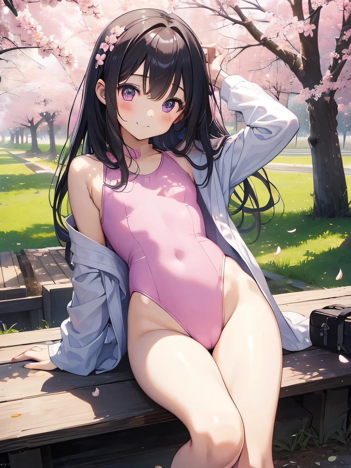 highest quality、best image quality、beautiful eyes、very delicate and beautiful、beautiful eyes、pink eyes、I、I、11 year old girl、Japanese、、Chiquita、Noble、primary school student、black hair、barefoot、(judo)、(((The lower body is a pink leotard)))、(High leg)、tiara on head、dull smile、standing and facing forward、The background is a row of cherry blossom trees