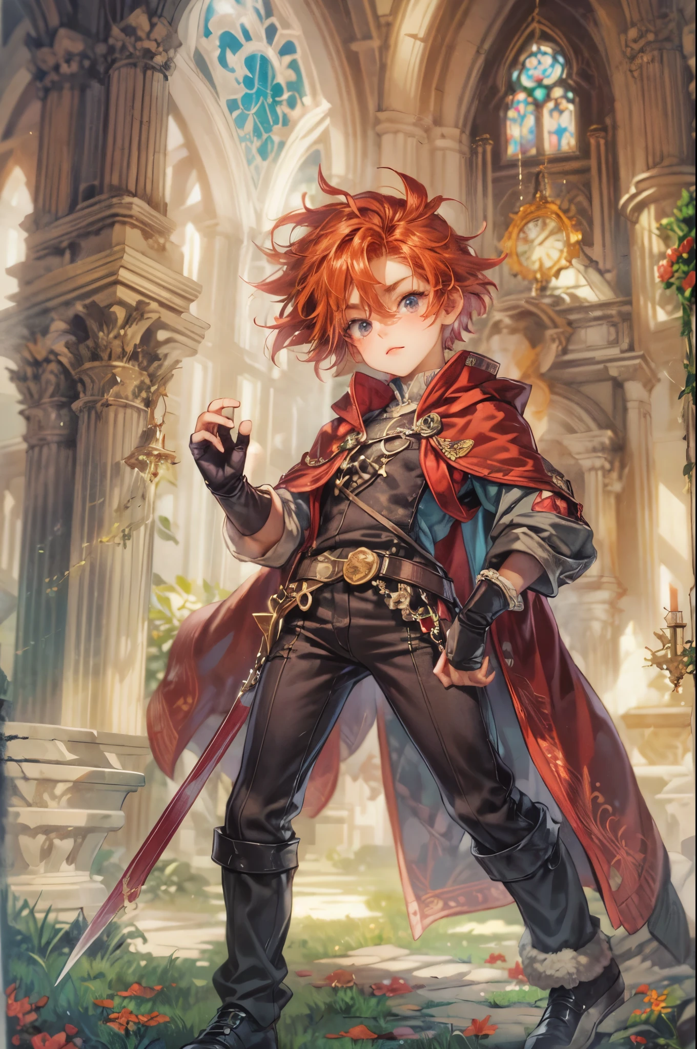 ((Best quality)), ((masterpiece)), (detailed), ((perfect face)), ((halfbody)) handsome face, male, boy, perfect proportions , a character from anime legend of mana teardrop crystal, red hair, short hair, male version , gnostic church of domina scene, gnostic church of domina background, gnostic ghibli scenery background