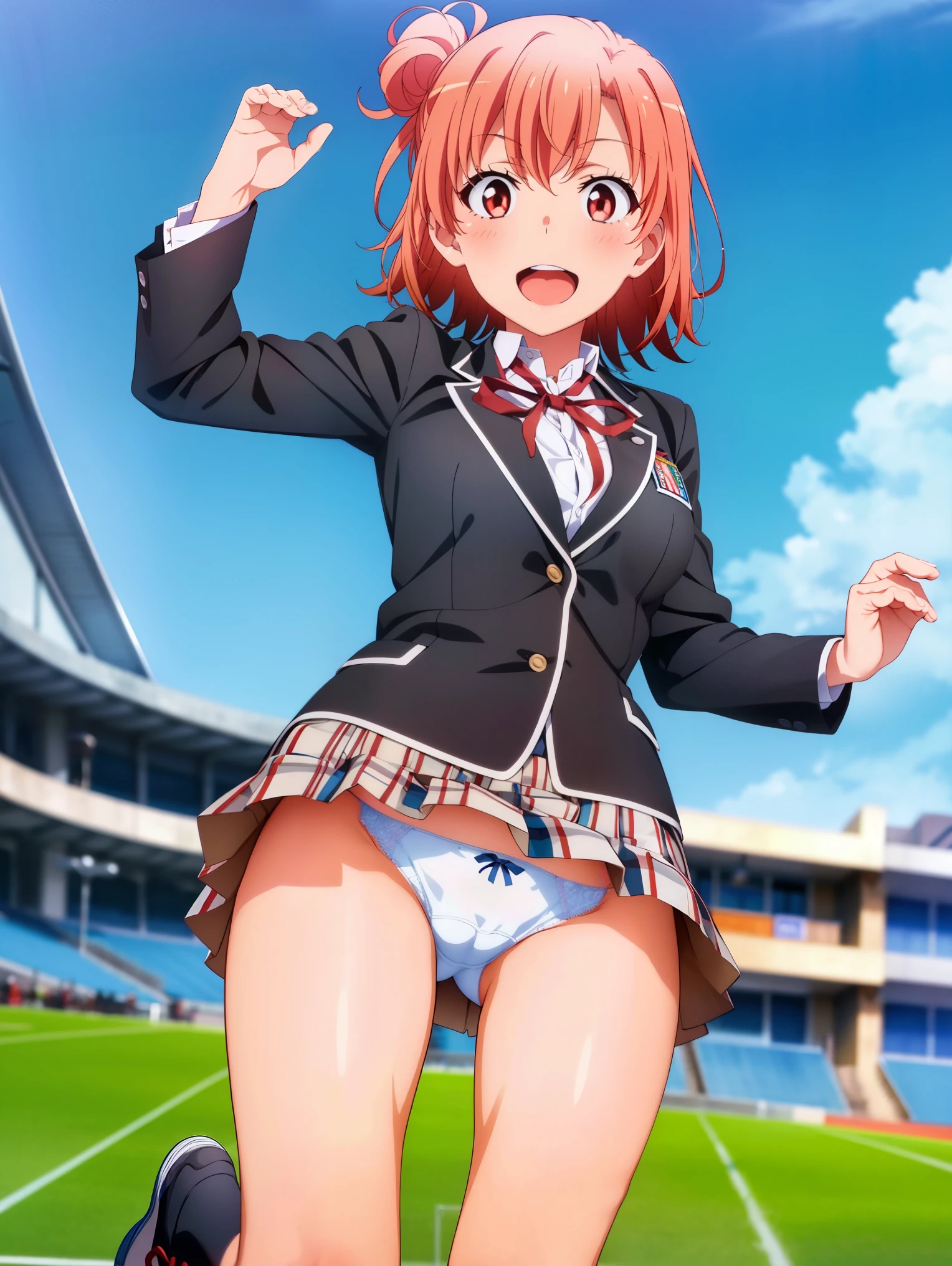 1 girl,playground,(Yuigahama Yui),big breasts,jump,open mouth smile,(whole body:1,0),Low - Angle,wear sneakers,uniform,black blazer,shirt,red ribbon,check skirt,socks,(pussy cameltoe:1.0),(White ruffled panties),