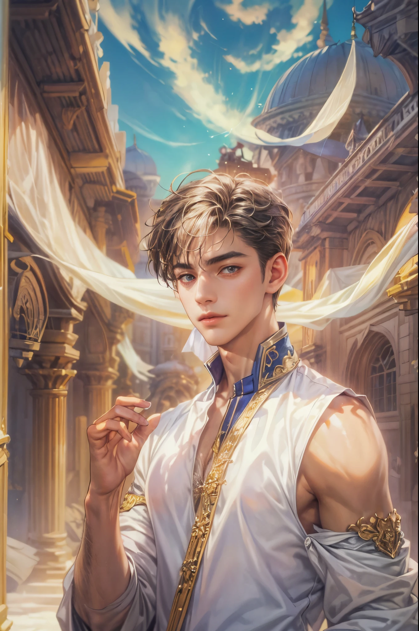 ((Best quality)), ((masterpiece)), (detailed), ((perfect face)), ((halfbody)) handsome face, male, boy, perfect proportions , a character from movie alladin, short hair, male version, detailed background, detailed scenery background