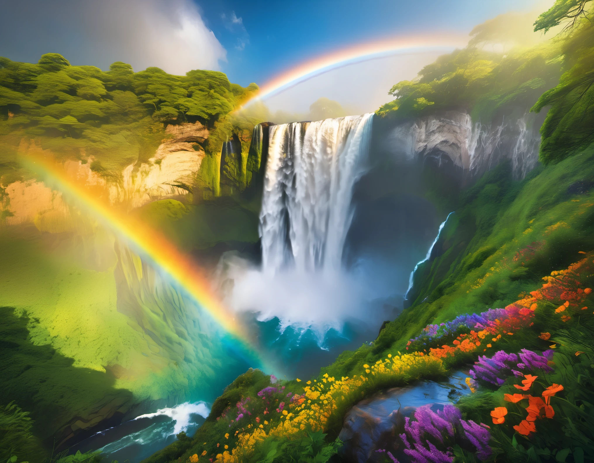 Ultra-high definition, extra detailed and hyper-realistic image: 1 waterfall, extensive, cascading down a cliffside, surrounded by radiant rainbow colors. Lush, cool greenery and an abundance of vibrant flowers adorn the landscape surrounding the waterfall, creating a breathtaking and picturesque scenery. The water droplets gleam in the soft sunlight, reflecting the various hues of the rainbow. A truly captivating, masterpiece-worthy photograph in 32k resolution.