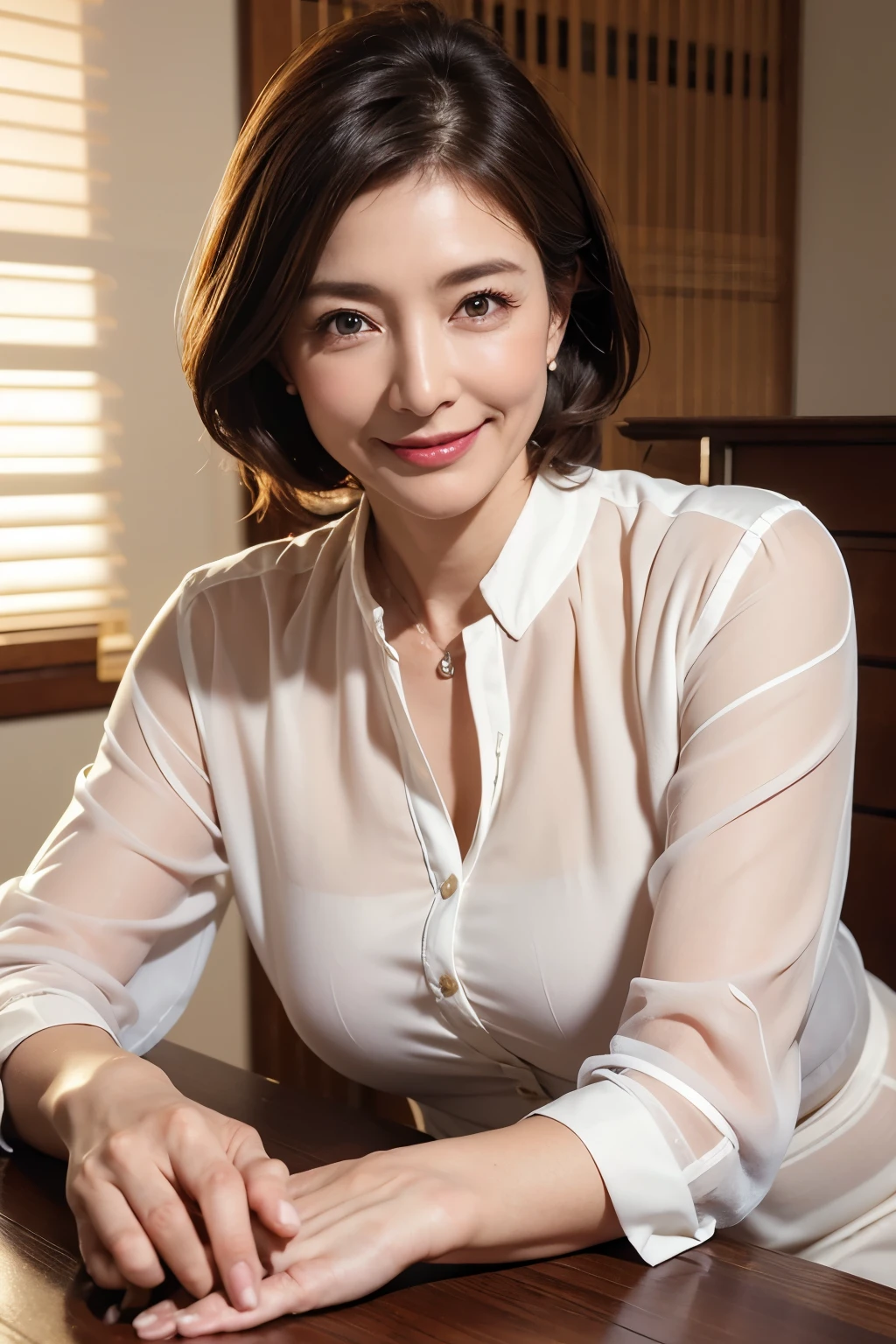 (masterpiece), High resolution, photorealistic, realistic, clear, professional lighting, highest quality, born, 8k, (50 year old woman), (facial wrinkles), Beautiful woman, (suit), (smile), (Beautiful woman), office, daytime, pleasant breeze, bright sunshine, Chair, japanese mature, blouse, young beauty spirit