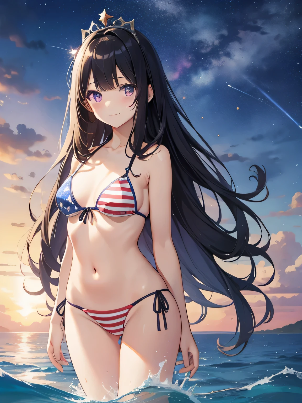 highest quality、best image quality、beautiful eyes、very delicate and beautiful、beautiful eyes、pink eyes、I、I、 girl、Japanese、、Chiquita、Noble、primary sch、barefoot、(((stars and stripes bikini)))、（High leg）、tiara on head、dull smile、standing and facing forward、The background is the beach