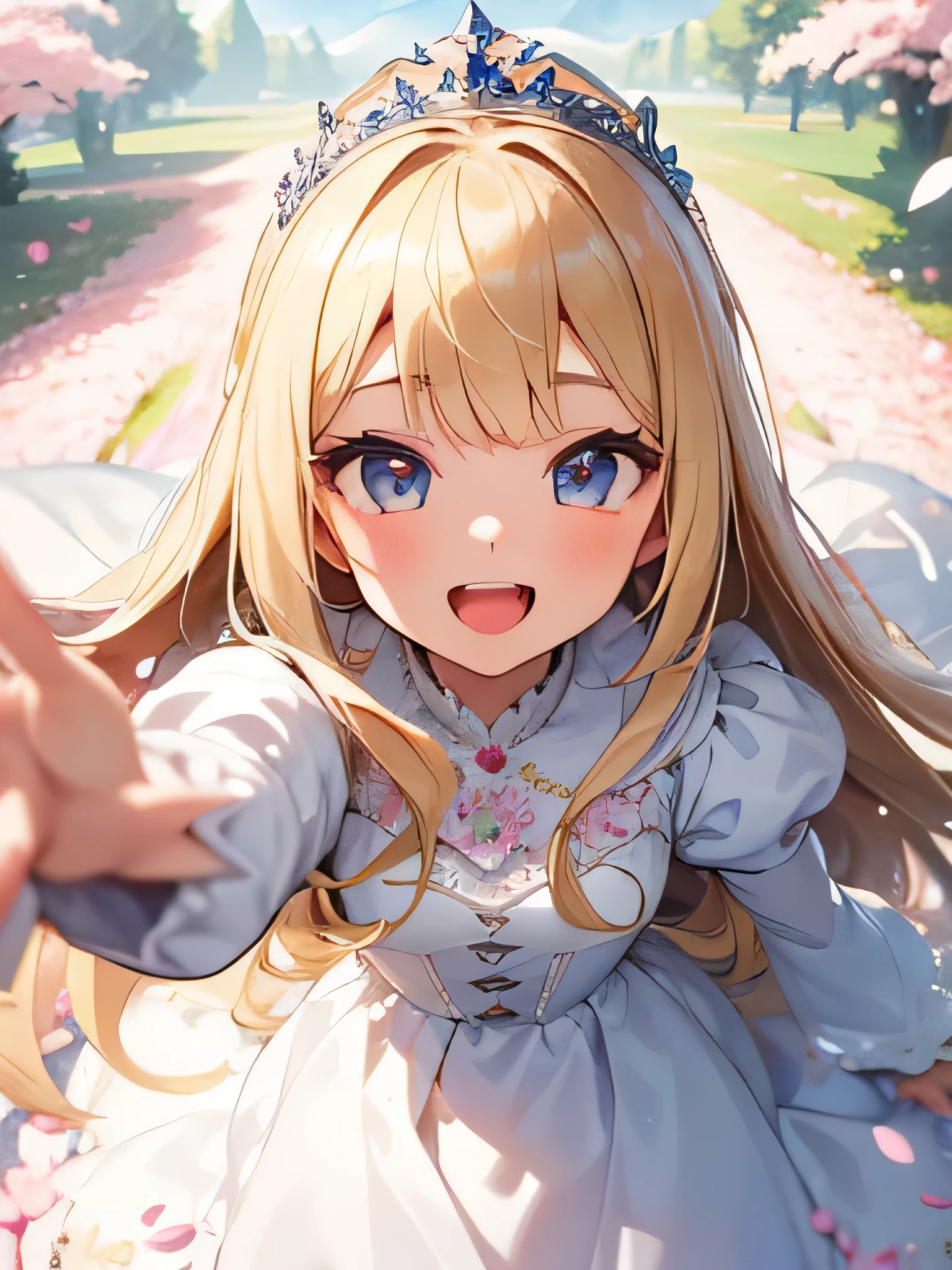 ((masterpiece)), ((highest quality)), ((super detailed)),  (highly detailed face)、(very well-groomed face) , 1 girl, blonde hair, long hair, looking at the viewer, Princess, white Princess dress, tiara, smile, open your mouth, outdoors, flower garden, ((petal)), long sleeve, long dress, face focus, From above, white stockings, dynamic angle, dynamic pose,