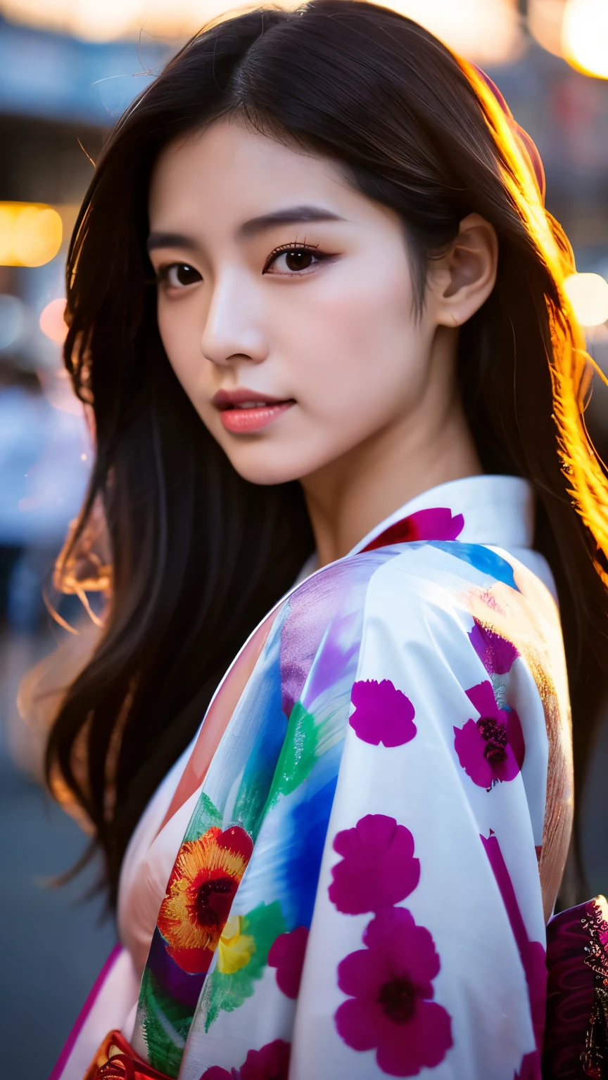 Beautiful Japanese supermodel woman, A lock of hair with slight highlights, black eyes, mixed media, Sexy，street background，Gorgeous kimono , Liquid color flows across her face, Sunset，Photo by Wang Luodan，god of wealth