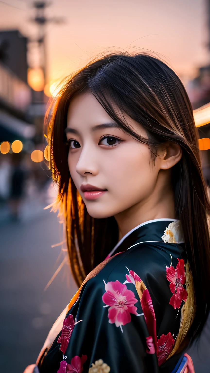 Beautiful Japanese supermodel woman, A lock of hair with slight highlights, black eyes, mixed media, Sexy，street background，Gorgeous kimono , Liquid color flows across her face, Sunset，Photo by Wang Luodan，god of wealth