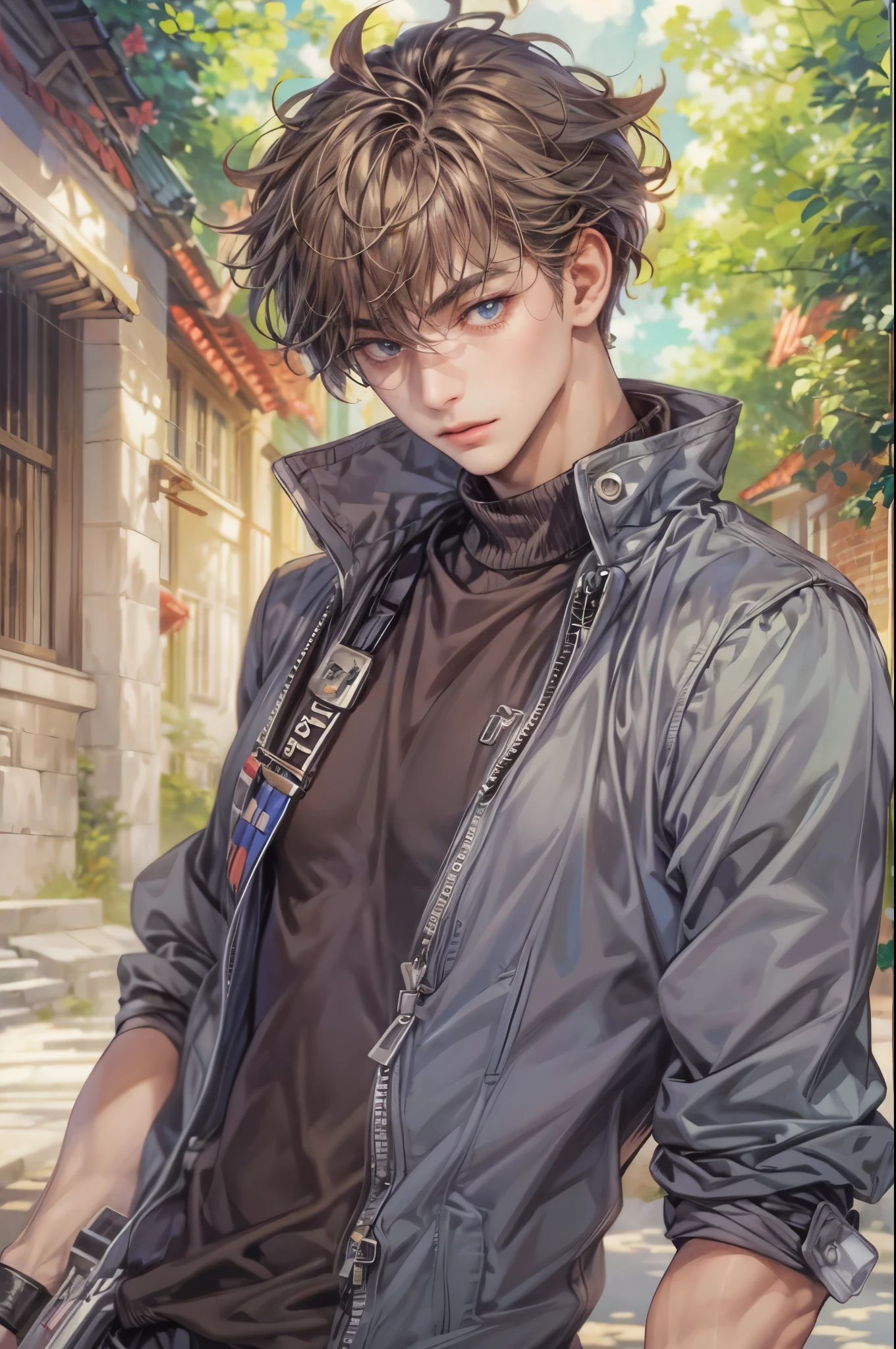 ((Best quality)), ((masterpiece)), (detailed), ((perfect face)), ((halfbody)) handsome face, male, boy, perfect proportions , a character from anime Pokémon, short hair, male version , detailed background, detailed scenery background
